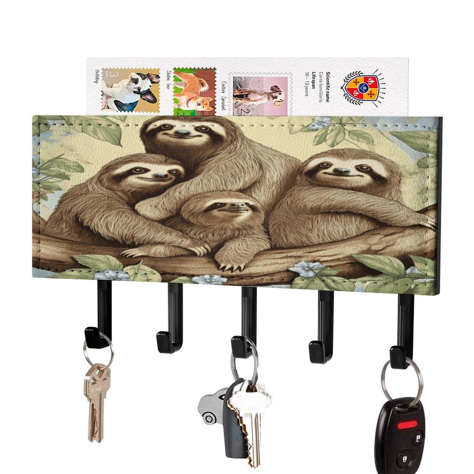 FekiLoot Sloth Family Key Holder for Wall Decorative Mail Organizer with 5 Key Hook Self Adhesive Key Rack with Tray Coat Rack Wall Mount Key Hanger Decor for Entryway Door