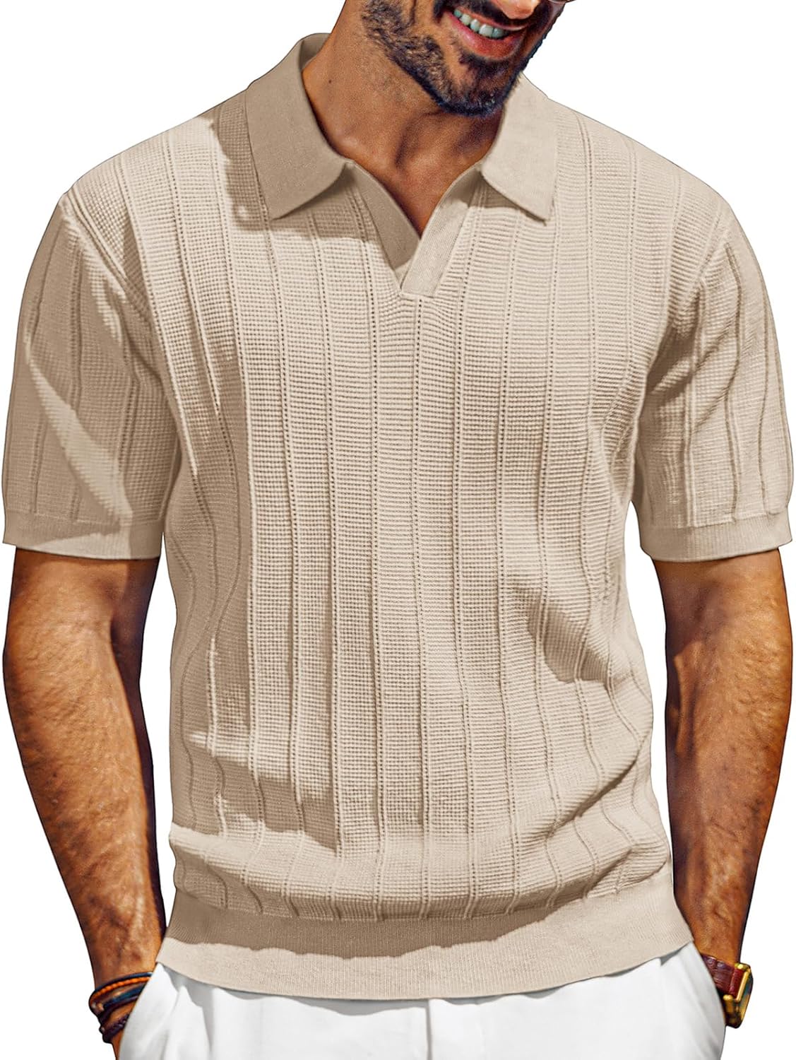 PJ PAUL JONES Mens Polo Shirts V-Neck Knit Polo Textured Summer Shirts