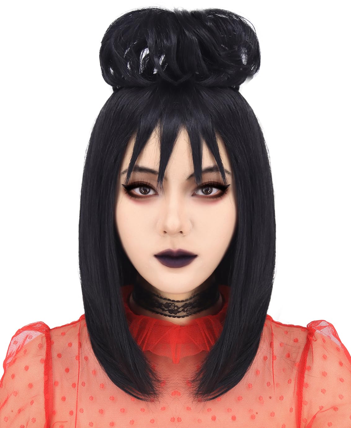 Black Lydia Wig for Lydia Deetz Costume Women Girls Cute Black Wigs with Bun for Halloween Costume SL039BK