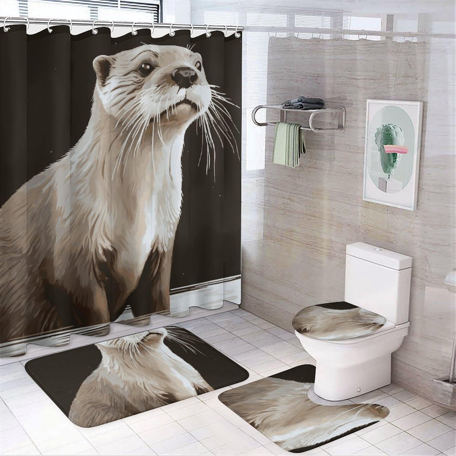 Ensemble de 4 rideaux de douche Otter pour salle de bain avec tapis et housse