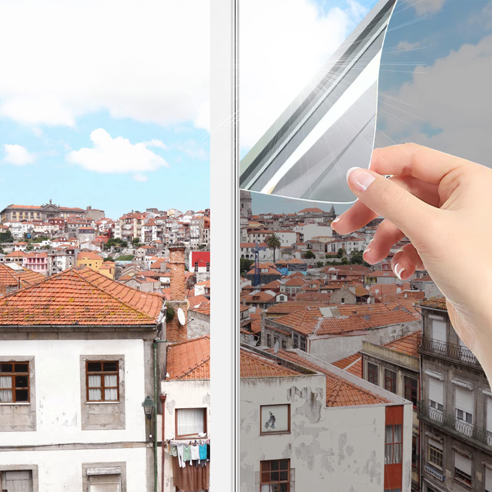 OFHomeWindow Film Privacy One Way One Way Clear, UV Reflective Mirror Tint for Home and Office, Sun Blocking Anti Glare Heat Control Self-Adhesive Door Glass Windows Tinting, Silver, 40x200cm