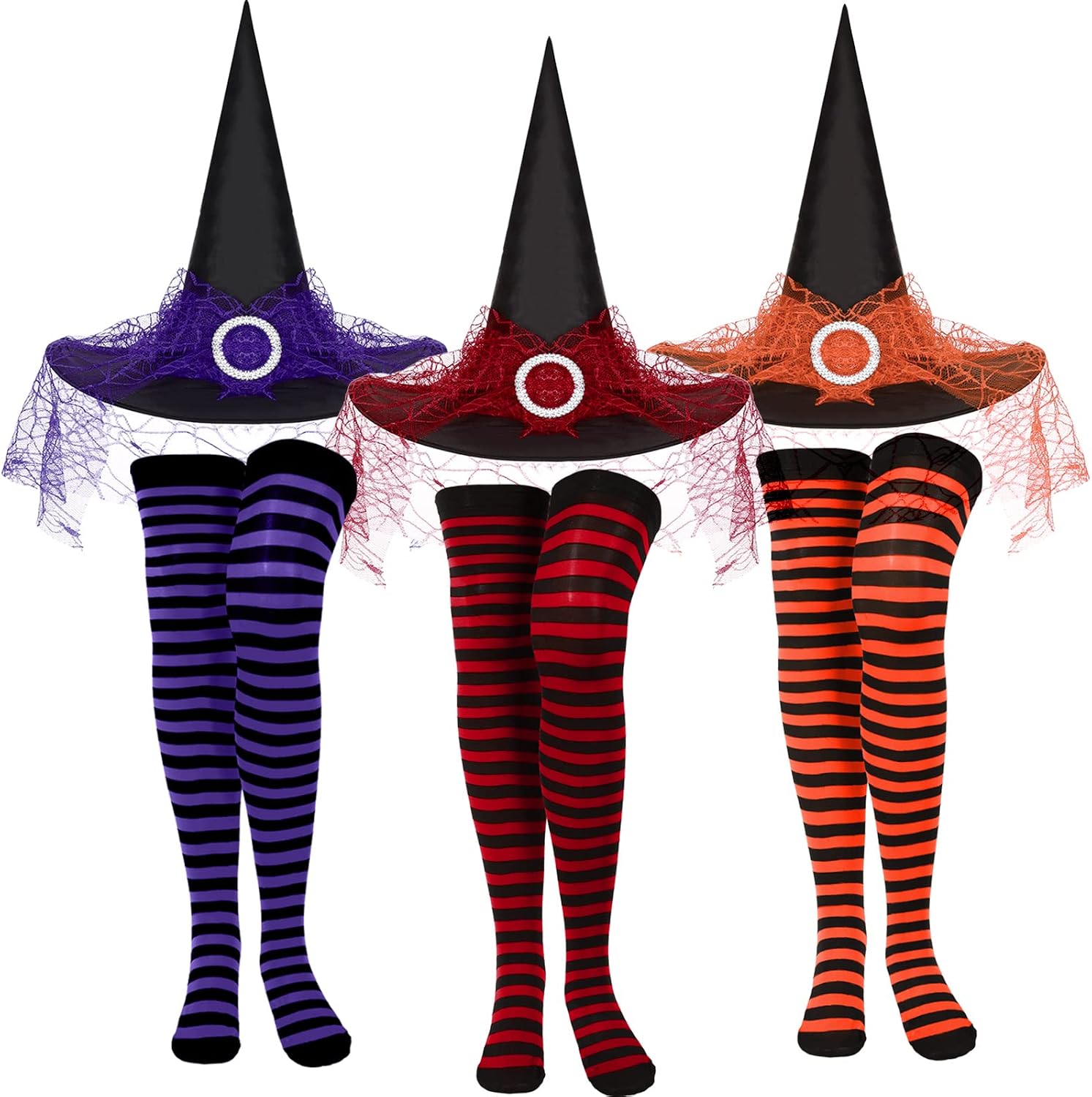 Set for 3 Witch Hats and Long Striped Socks - Thigh High Witch Accessories for Women's Halloween Family Cosplay Party Costumes - Multicolored