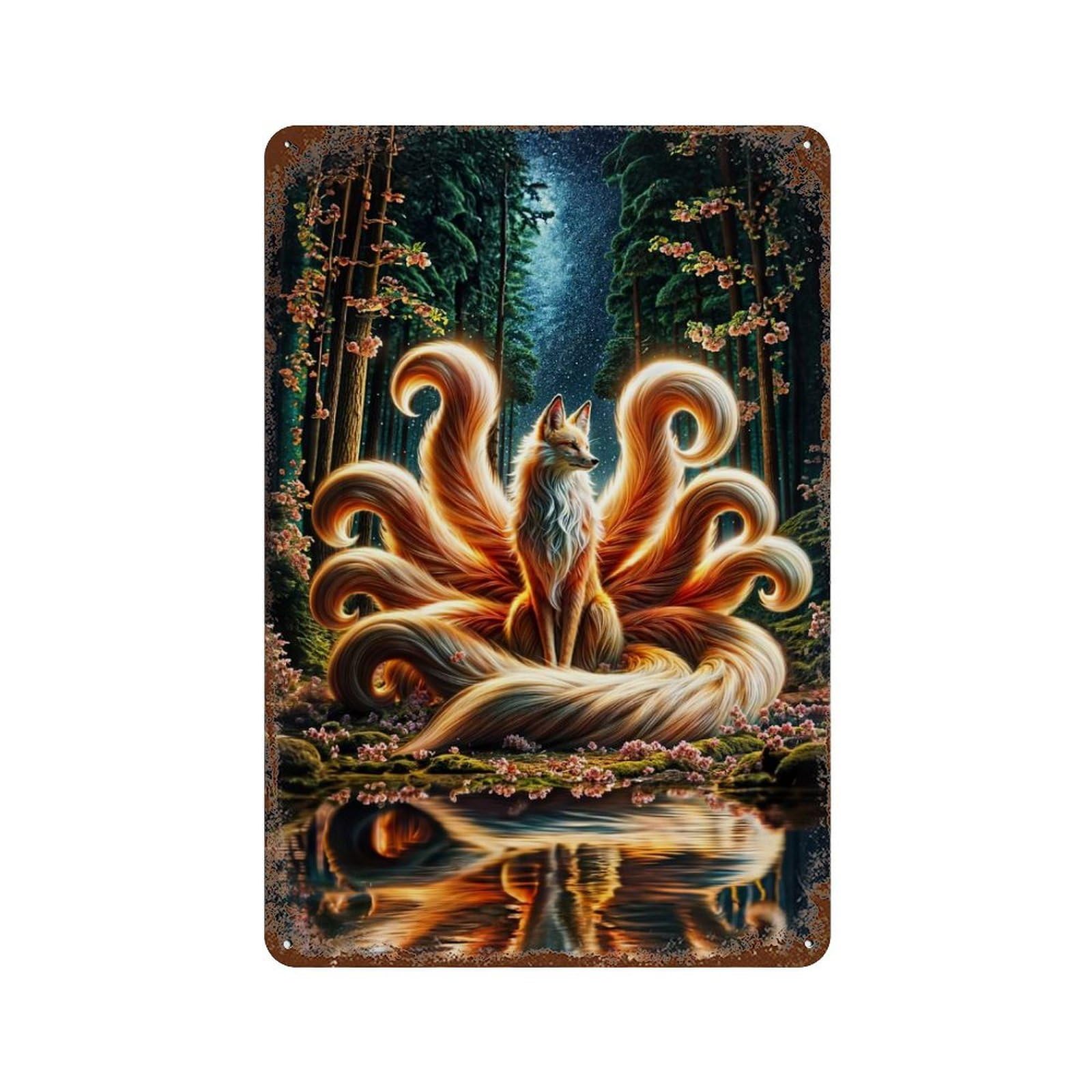 Nine-Tailed Fox in Forest Aged Metal Wall Plaque 11.8"x7.9", for Office, Studio And Wall Decor, Novelty Wall Decor
