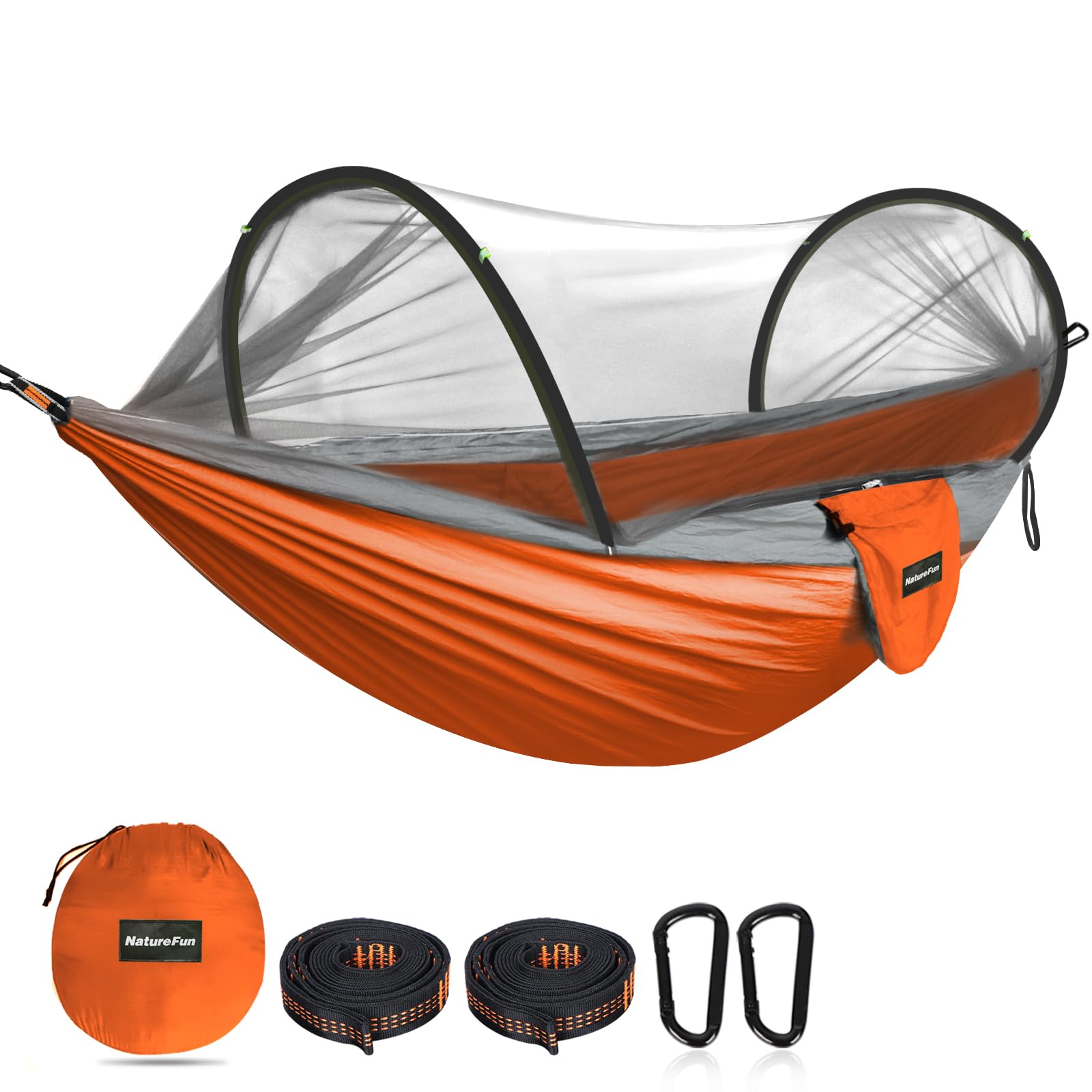NATUREFUN Ultra-Light Travel Camping Hammock Pop-up Bug Net Hammock 300kg Load Capacity,Breathable,Quick-drying Parachute Nylon 2 Premium Carabiners,2 Tree Slings Included Outdoor Backpacking Hiking