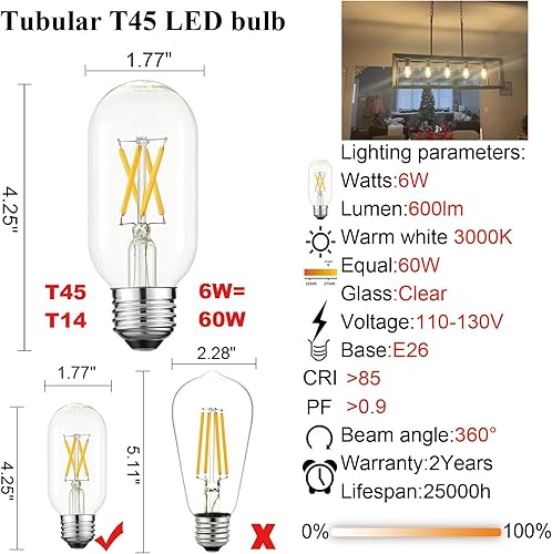 Miniatura 5 de LiteHistory Bombilla LED T45, bombilla LED E26 de 6 W, regulable, equivalente a E26, 60 vatios, blanco cálido 3000 K, bombilla Edison E26, AC120V,