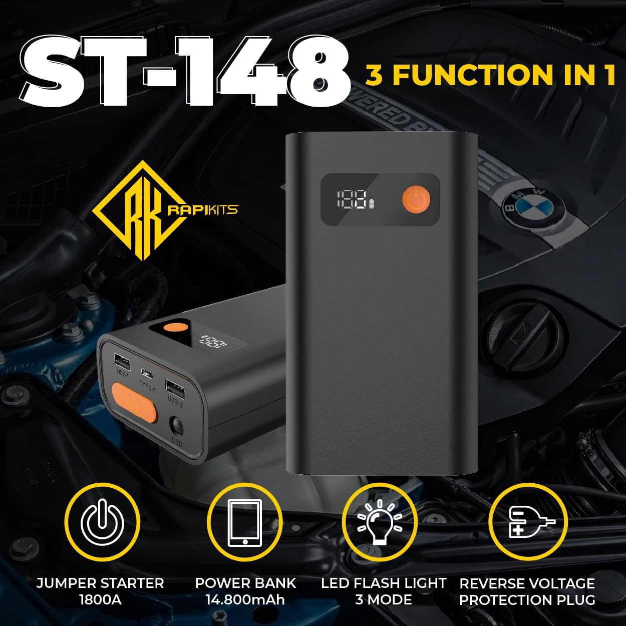 Jump Starter, Battery Charger, 14800mAh, 12V Battery Booster/Pack, LCD Display, LED Lights, Power Bank Function, Ultralight & Portable, 3 Modes Flashlight, Jumper Cable, Power Bank- RAPIKITS ST-148