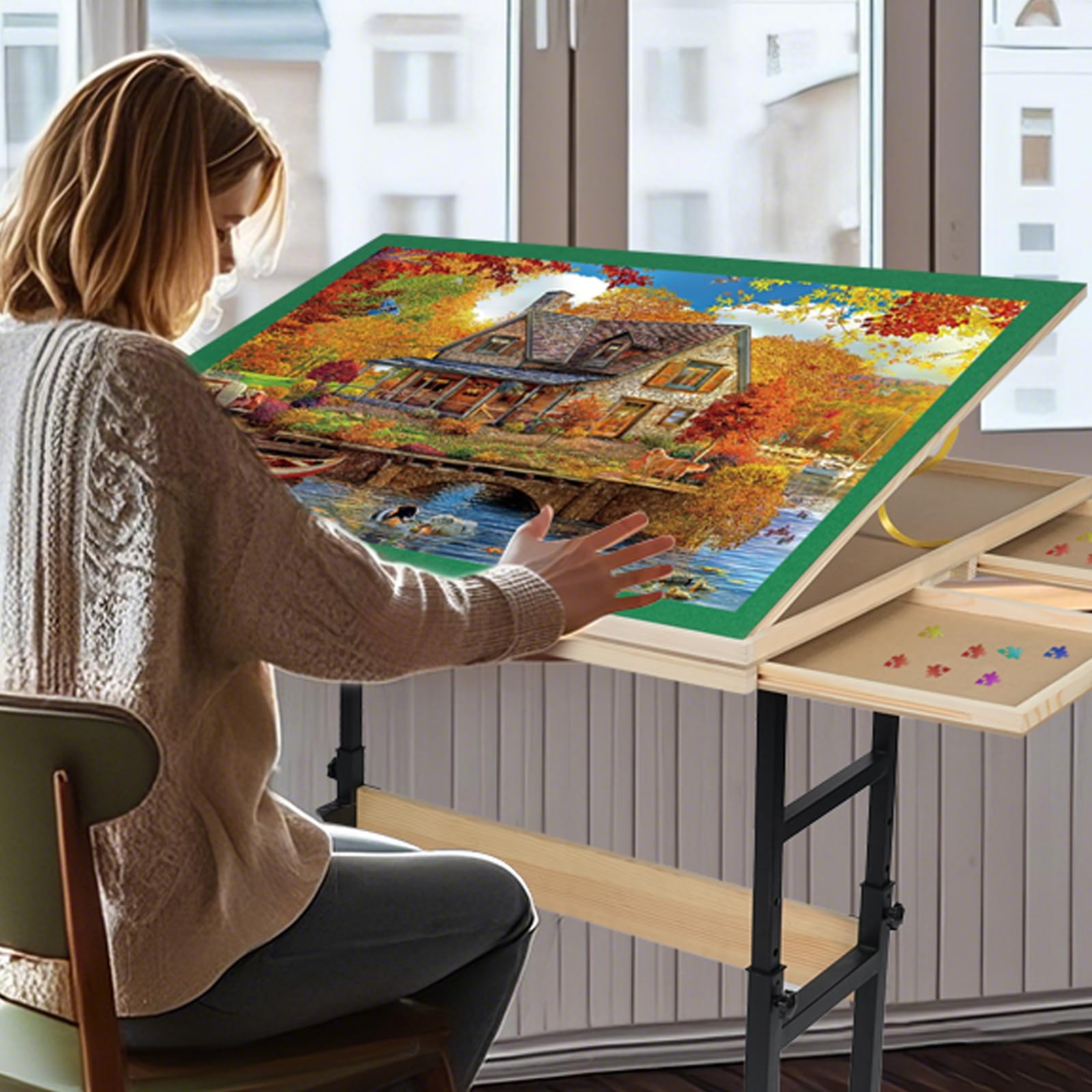 Table de Puzzle Jifenkla 1500 Pièces avec Pieds, 89 x 69 cm, Hauteur et Angle Réglables, Roues, 4 Tiroirs et Couvercle, Cadeau d'Anniversaire pour Adultes