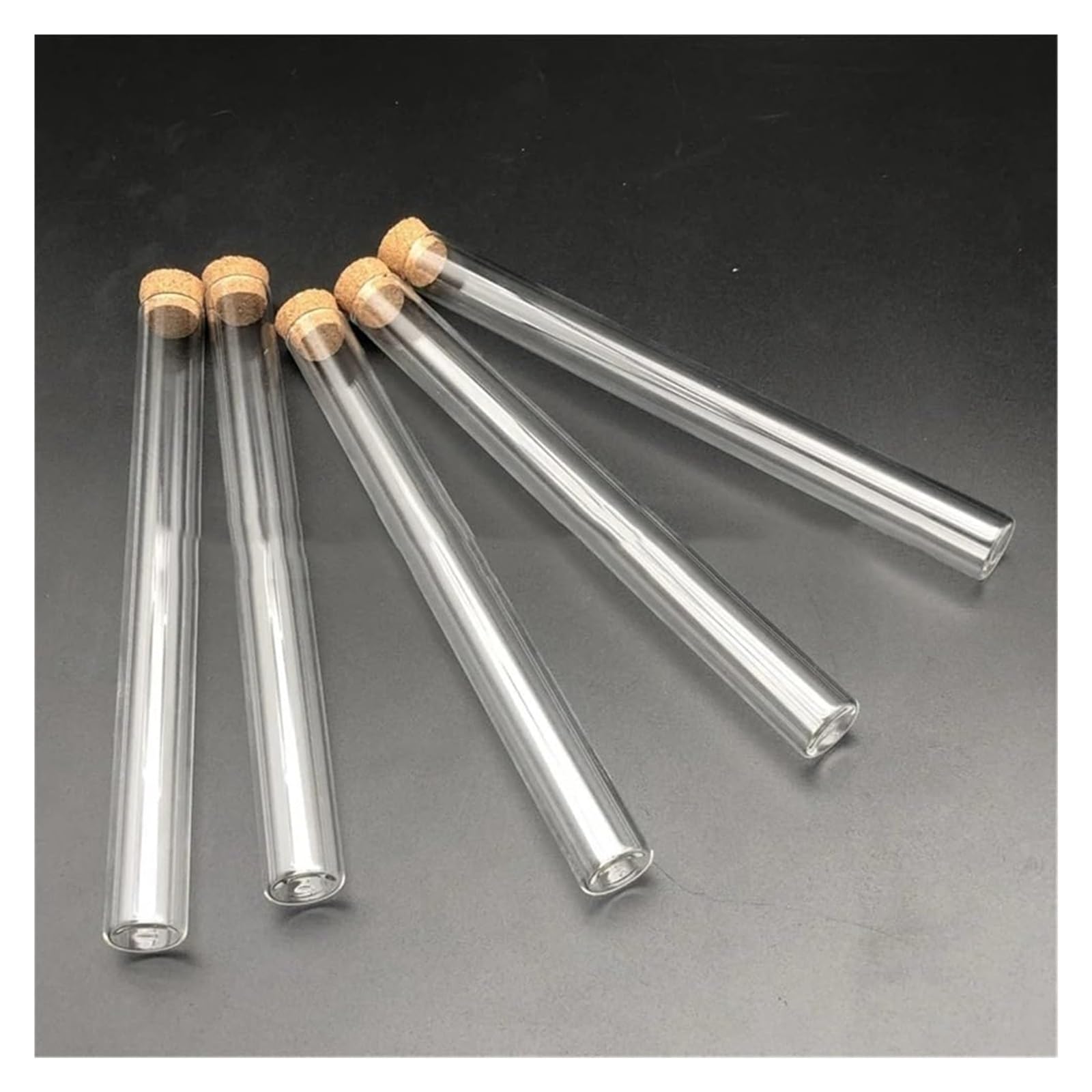 Przezroczyste szklane probówki, Z korkiem z naturalnego korka. Wiele rozmiarów. Przezroczysta szklana tuba płaskim dnem. Opakowania wielokrotne(30x200mm 10pcs)