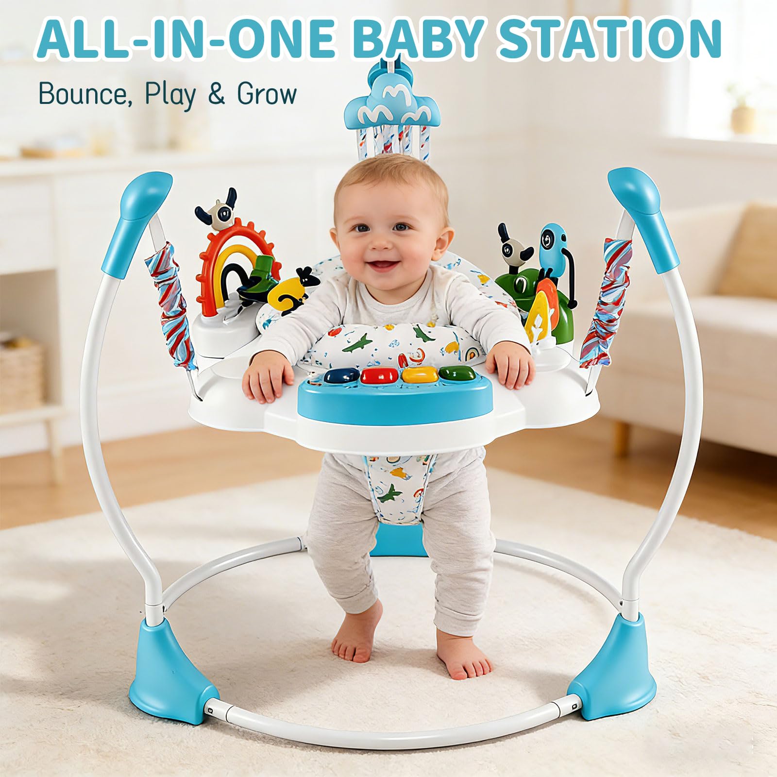 GYMAX Baby Jumpers & Bouncers, Interactive Baby Jumperoo Activity Center with 360° Rotary Seat, 3 Adjustable Heights, Music, Lights, Interactive Toys, Toddler Bouncer for 6 Months+ (Blue) — view 2
