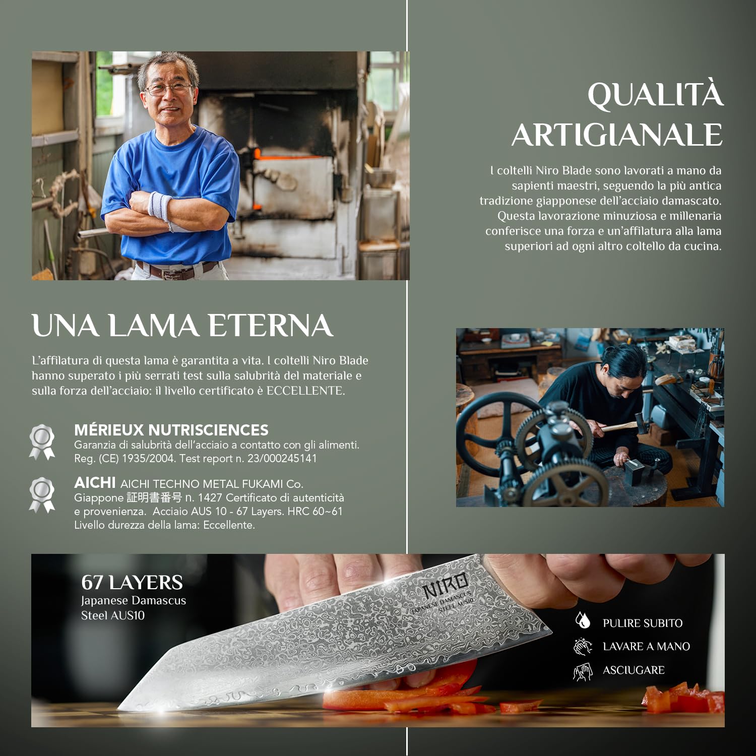 NIRO | Coltello Giapponese Professionale | Kiritsuke| Acciaio Damasco AUS-10 | Durezza HRC 60-61| 67 strati | Manico Pregiato in Ebano e Sandalo | Bilanciato | Forgiato a Mano | Resistente all'usura