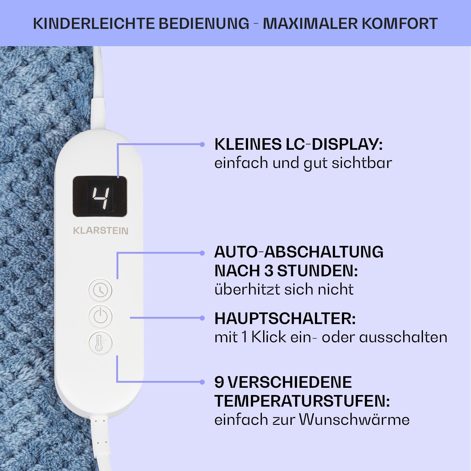 Klarstein XL Elektrische Kuscheldecke, Heizdecke mit Abschaltautomatik, 180x130 cm Elektrische Wärmedecke Maschinenwaschbar, Doppelseitige Heizdecke für Bett & Sofa, Wärme Decke mit 9 Heizstufen