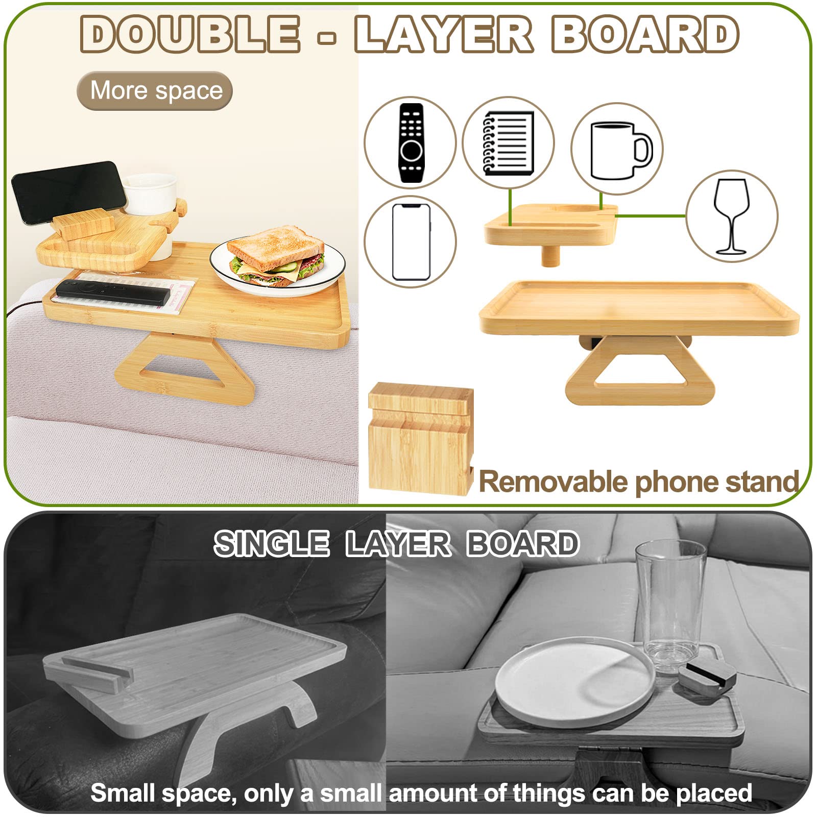 Bamboo Couch Arm Tray Table, Double Layer Sofa Clip on Tray Table with Cup Holder and Phone Holder, Sofa Armrest Tray for Eating Drinks Snacks