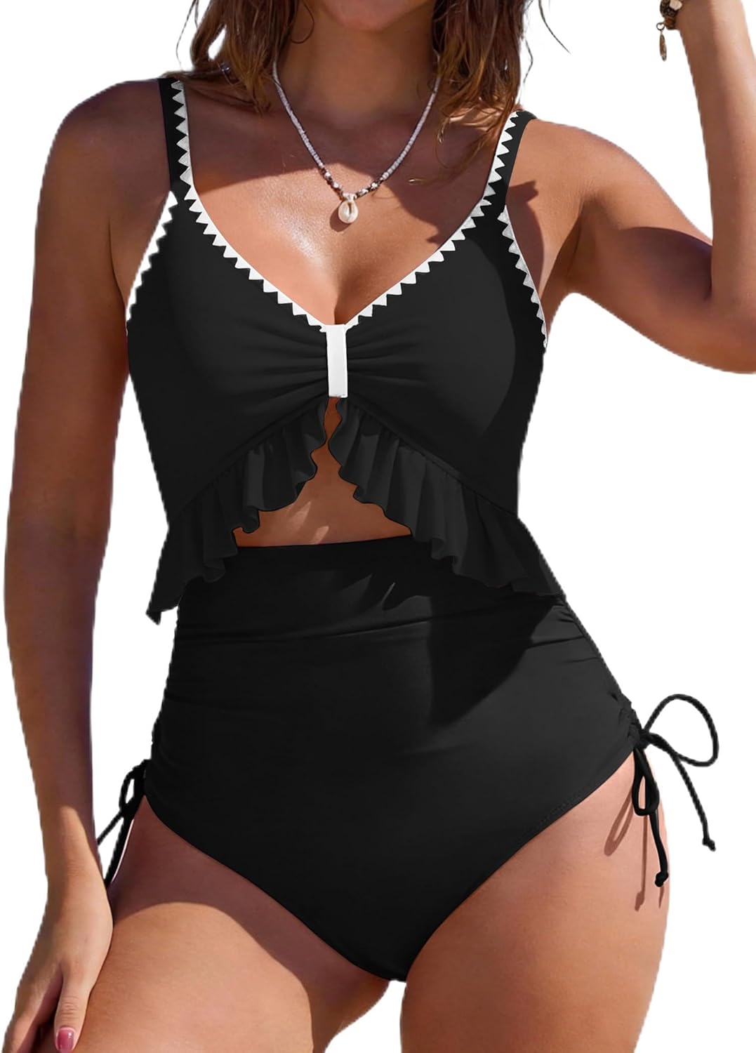 SHESHOW Womens Tummy Control One Piece Swimsuit High Waisted Cutout Ruffle Bathing Suit Color Block Swimsuits S-XXL