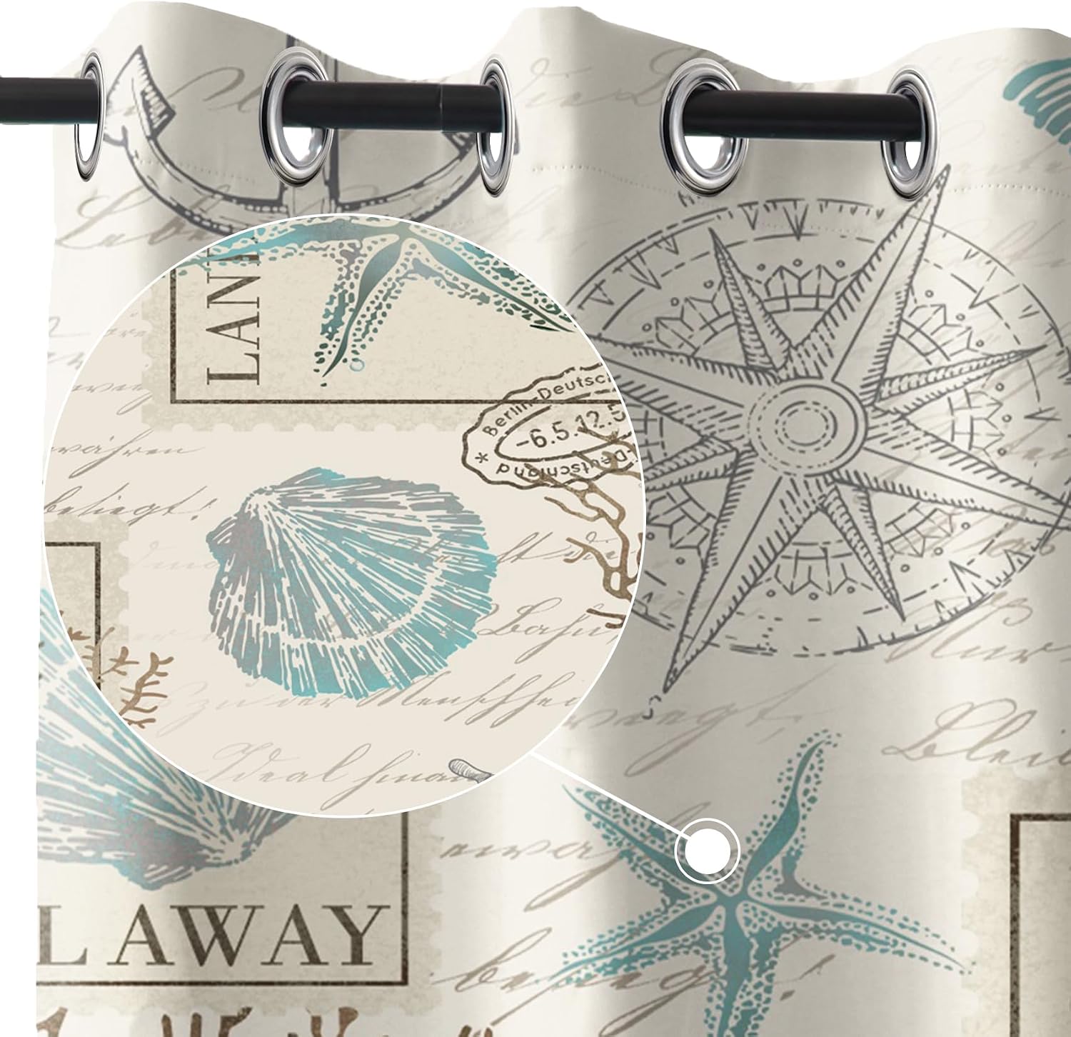 Renaiss Vintage Coastal Nautical Blackout Curtains for Bedroom Seashell Starfish Sailboat Beach Window Curtain Ocean Theme Thermal Insulated Drapes for Living Room Decor 2 Panels Set, 42x84 Inch