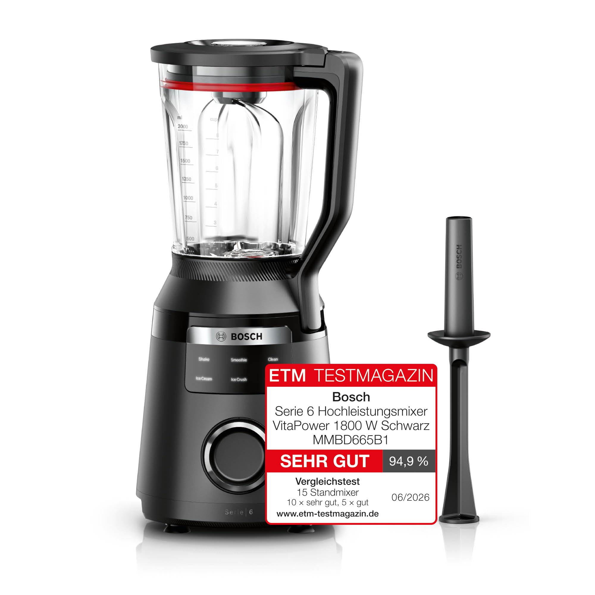 Bosch Highspeed-Standmixer, Smoothie Maker, 45.000 U/min, 6 Programme (inkl heiße Suppe & Reinigung), 2 L Mixbehälter, spülmaschinenfeste Teile, Made in Europe, 1800W, VitaPower Serie 6 MMBD665B1
