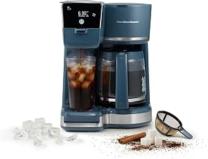 Hamilton Beach 2-Way Programmable Iced/Hot Coffee Maker, Single-Serve and 12 Cup Glass Carafe, LED Screen, Kitchen Makeover Blue, 47502J