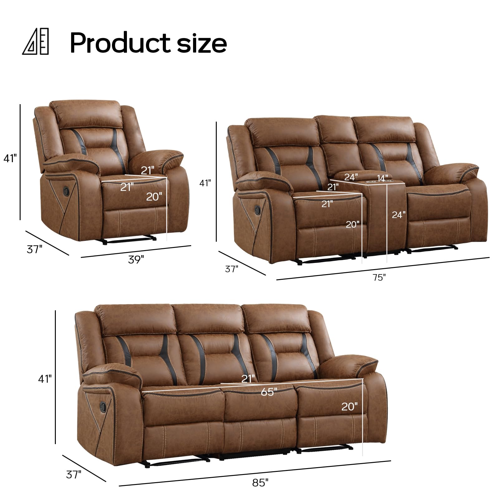 EBELLO Faux Leather Recliner Sofa Furniture Set for Living Room, Recliner Chair, Manual Loveseat, 3 Seat Recliniing Sofa Couch Set for Meeting Room, Brown view 2