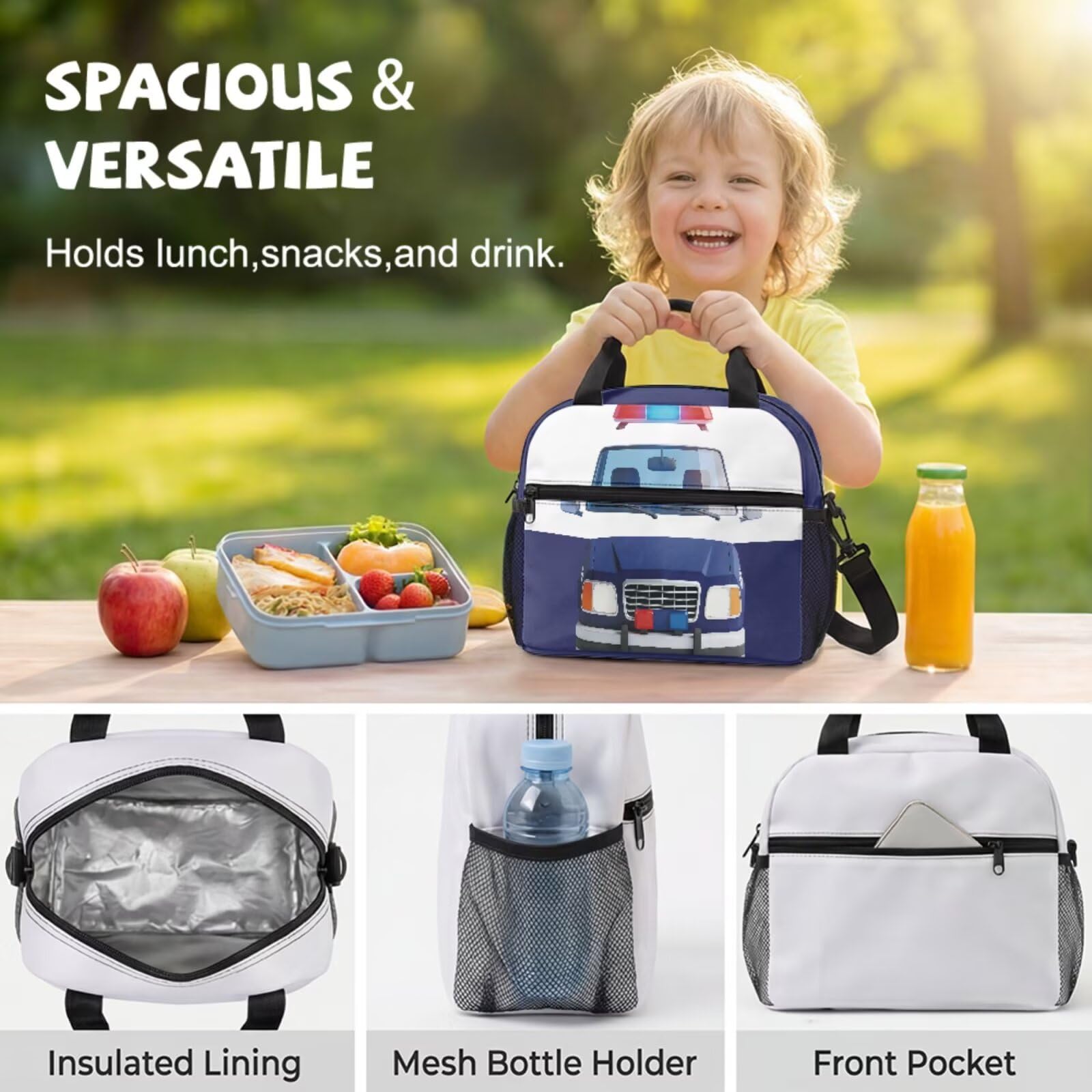 COEQINE Ensemble sac à dos et boîte à déjeuner pour enfants Sac à dos personnalisé sur le thème de la voiture pour tout-petits garçons de 4 à 10 ans, cartable maternelle, Voiture de police bleu blanc