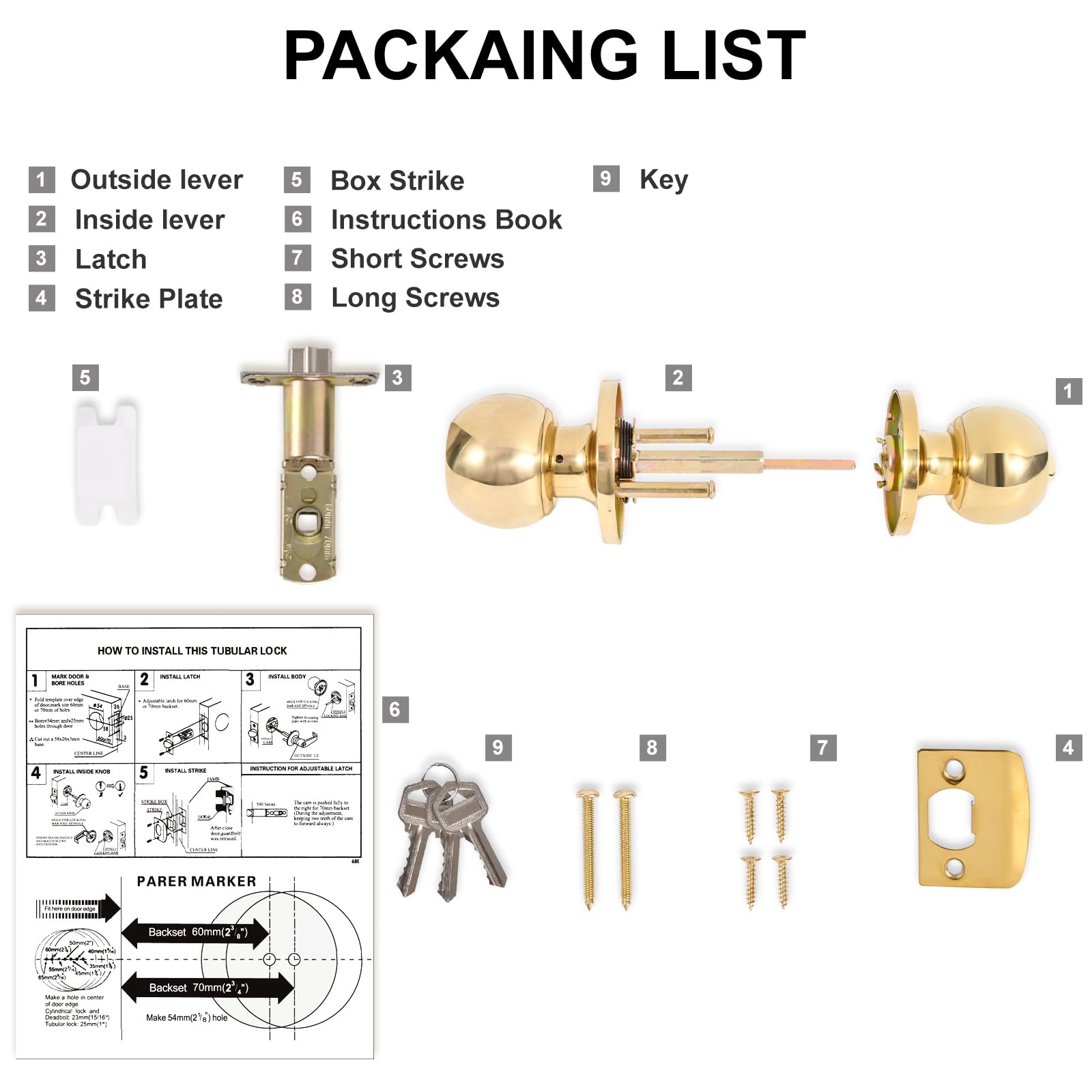 YELANGU Entrance and exit Door Knob with Key Stainless Steel Exterior Doors Knobs Round Security Front Doors Lock Set Satin Nickel 1 Pack(Golden) - Image 2