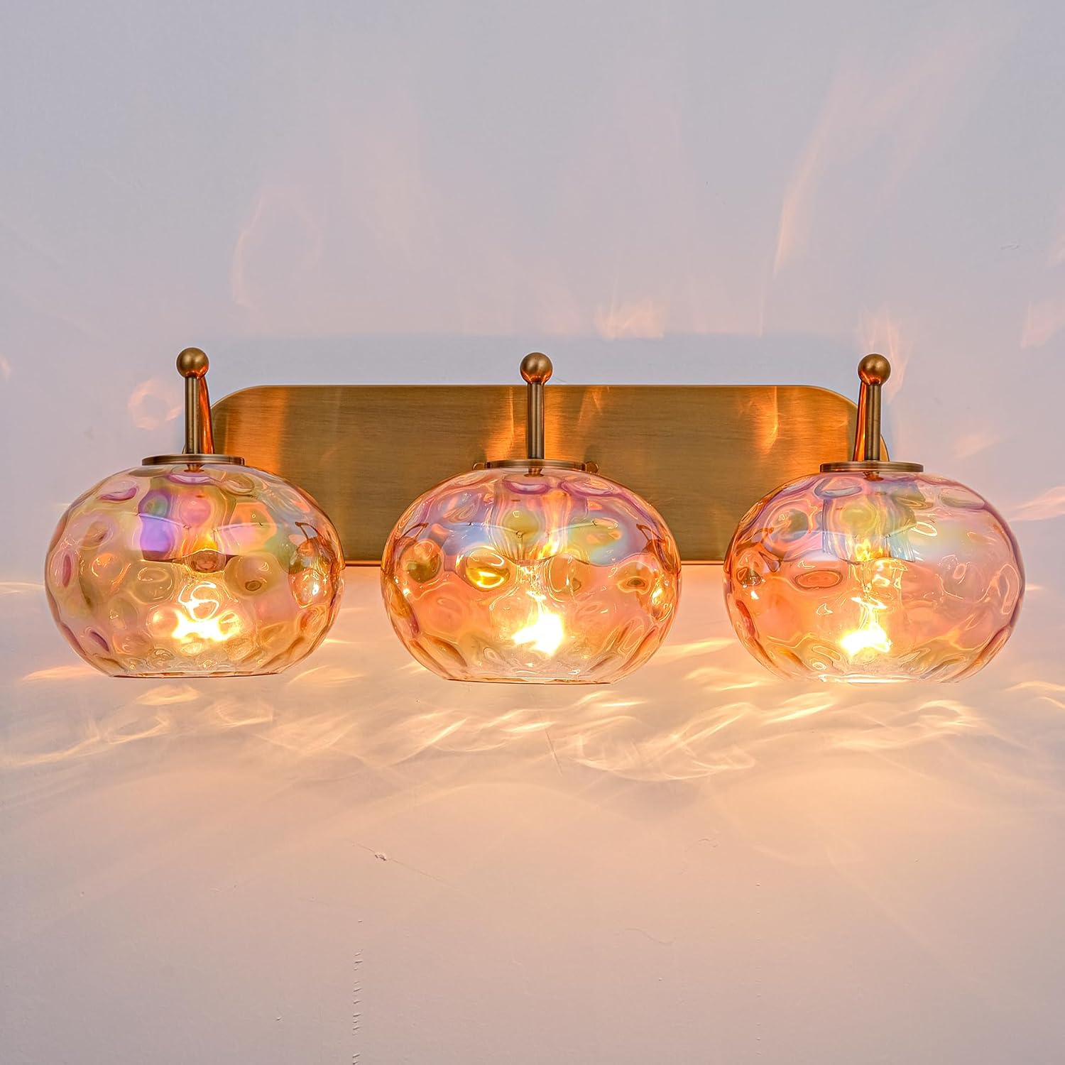 23" Brushed Gold Vanity Light Stained Amber Hammered Glass Wall Sconce 3-Light Brass Wall Lamp for Hallway Living Room Stairwell Bathroom Over Mirror 3-Light Gold & Amber Glass