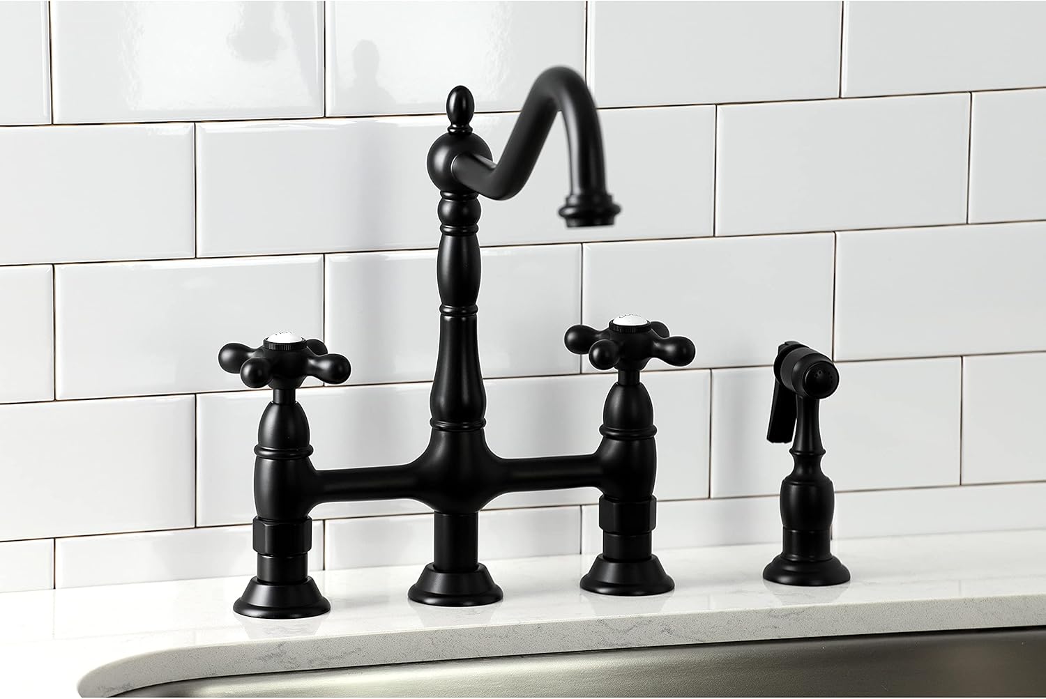 Kingston Brass KS1270AXBS Heritage Bridge Kitchen Faucet with Brass Sprayer, Matte Black