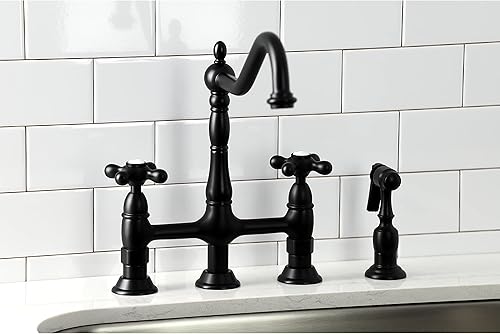 Vista 23 de Kingston Brass KS1273AXBS Heritage - Grifo de puente de cocina de 8 pulgadas con rociador de latón, latón antiguo, 8-3/4 pulgadas