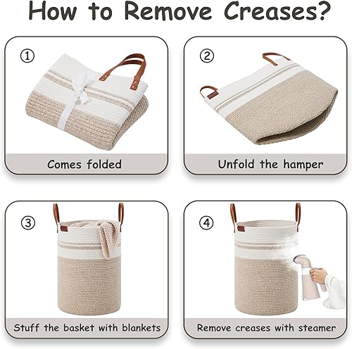 Miniatura 6 de VIPOSCO Cesta alta para ropa sucia, cesta grande para ropa sucia con mango de cuero, cesta de almacenamiento de cuerda tejida para manta, juguete en