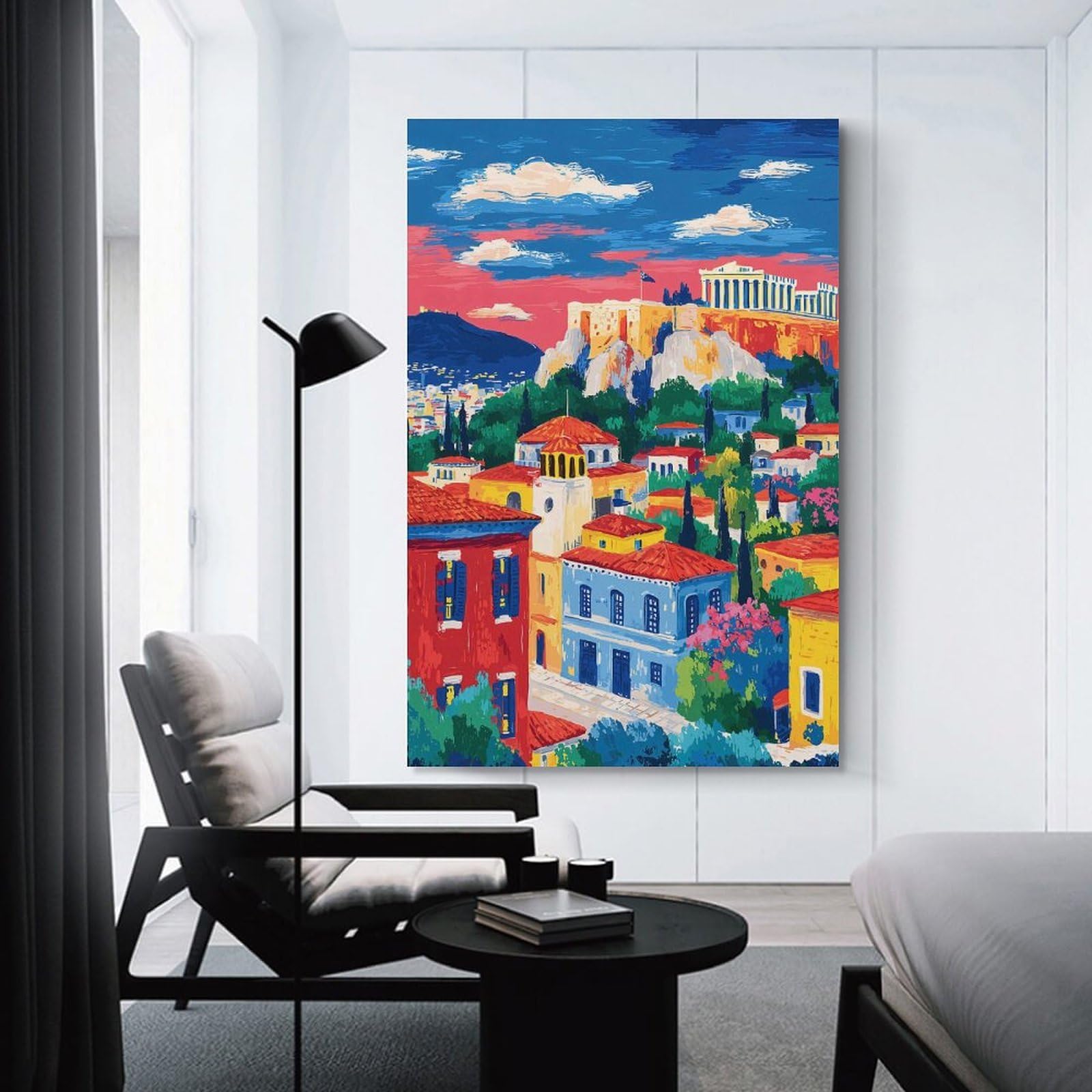 Junmoney Wall Picture Print Athens Cityscape Painting with Acropolis View, 20x30inch(50x75cm), for Living Room, Bedroom Or Home Office, Home Decor Gift with Stylish Appeal