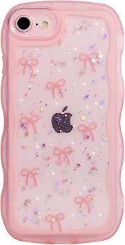 Qokey for iPhone 16e Case 6.1 inch, Glitter Star & Curved Edge Handle Grip Design, Military-Grade Shockproof Clear TPU Cover, Sparkle Protection Scratch-Resistant, Holographic Pink Bow