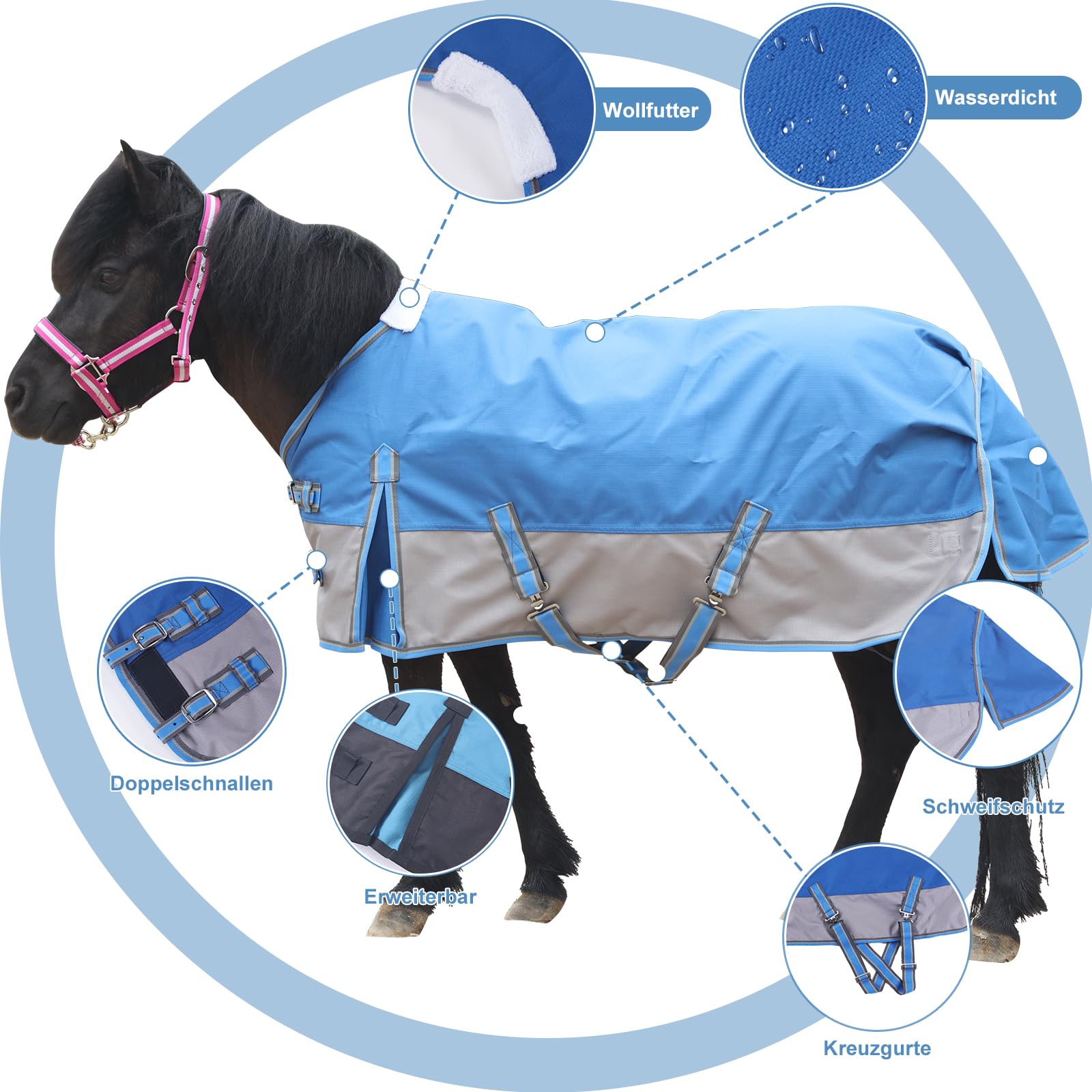 1200D Pony/Shetty Pferdedecke ohne Füllung (0 g), Leichte, wasserdichte, Atmungsaktive und Reißfeste Regendecke für Fohlen, Minipferde, Zwergpferde, Kleinpferde und Miniponys