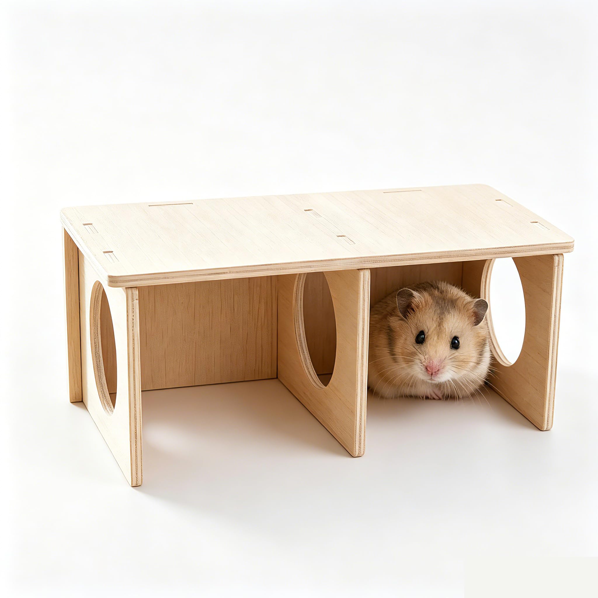 FeiatPogra 3-Chamber Wooden Hamster Hideout and Chew-Resistant Platform, Multi-Chamber Hamster Cage Platform Shelter with Removable Lid for Hamsters Gerbils Mice Small Pets