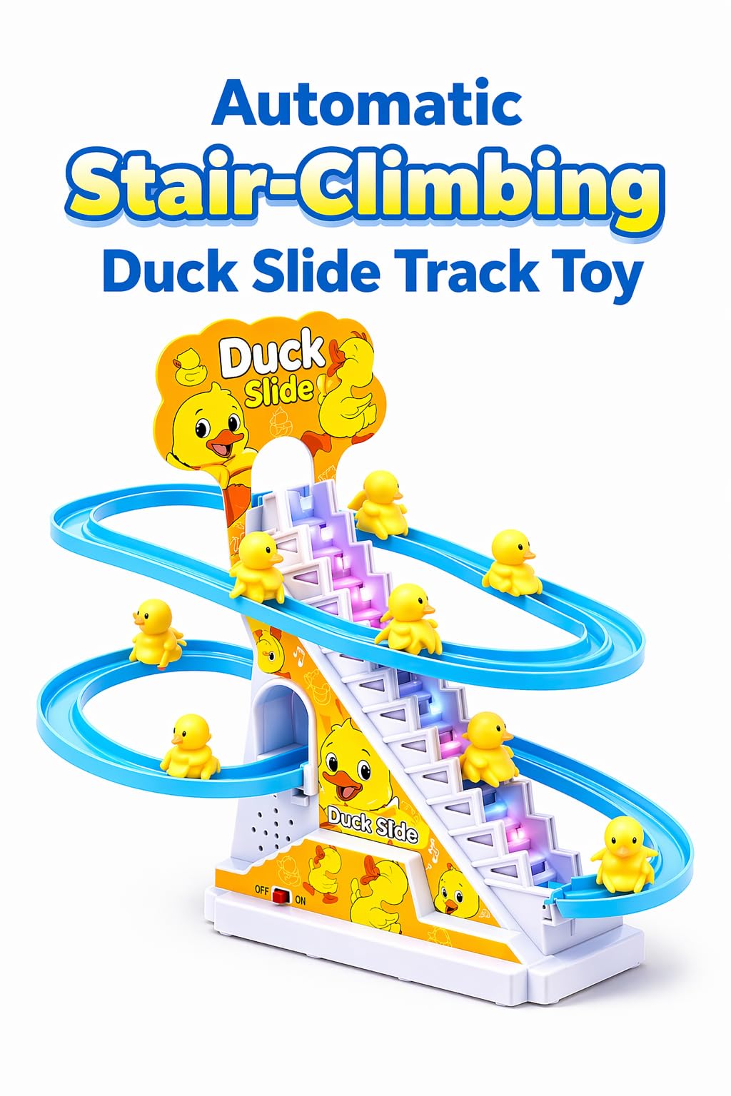 TEC TAVAKKAL Duck Slide Toy Set, Funny Automatic Stair-Climbing Ducklings Cartoon Race Track Set Duck Roller Coaster Escalator Toy with Flashing Lights & Music (Duck Slide Track Set) — Amazon image 8