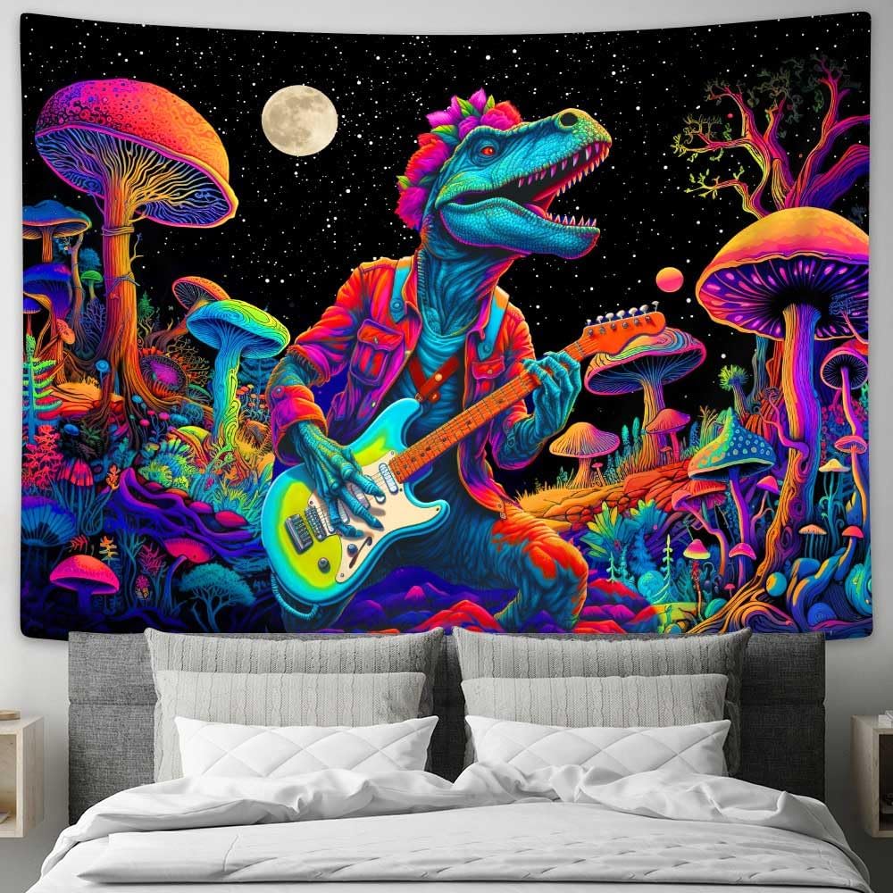 SAOLUIS Blacklight Dinosaur Tapestry, Funny Neon Dinosaur Mushroom Tapestries UV Reactive Wall Hanging, Blacklight Aesthetic Wall Tapestry for Men Boys Bedroom Home Decor 90X70 Inch