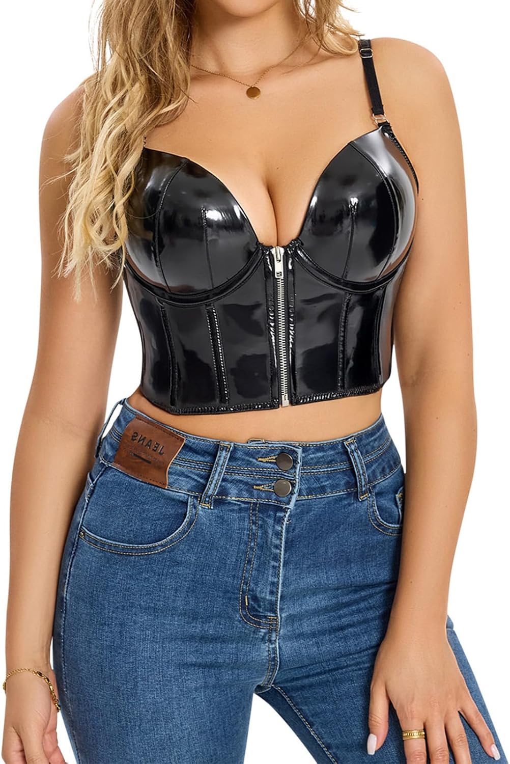 Charmian Women's Punk Gothic PU Leather Push Up Corset Bra Bustier Crop Top