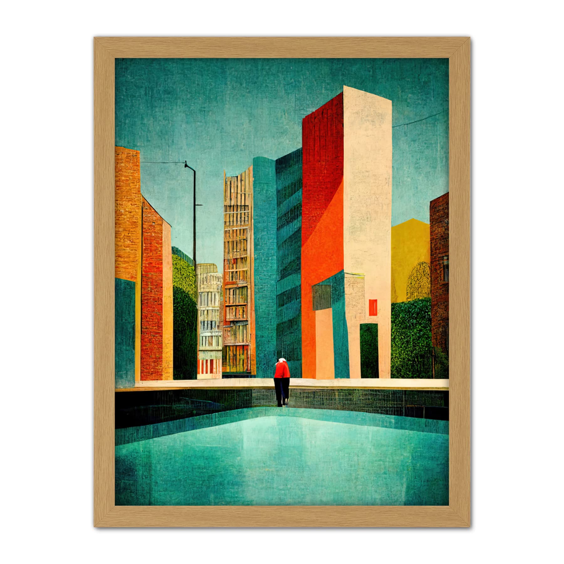 Wee Blue Coo Midcentury Style Cityscape Skyline Painting Orange Teal Ochre Artwork Framed Wall Art Print 18X24 Inch