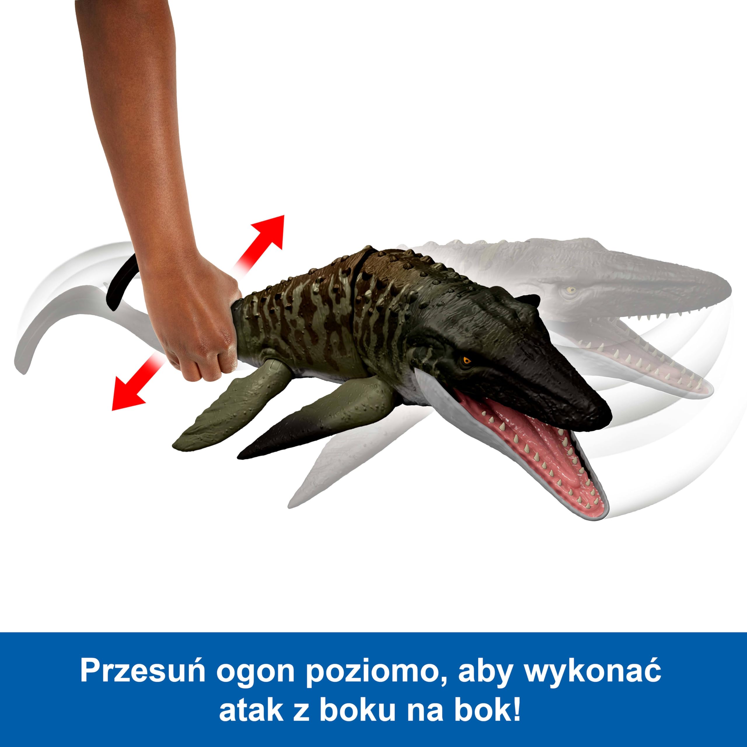 Mattel Jurassic World: Odrodzenie Mozazaur Atak paszczą Bite ‘n Blast Zestaw figurka Mozazaur z otwieraną szczęką oraz minifigurka Dilofozaur, zabawka dinozaur dla dzieci, zabawa wirtualna, JJP80