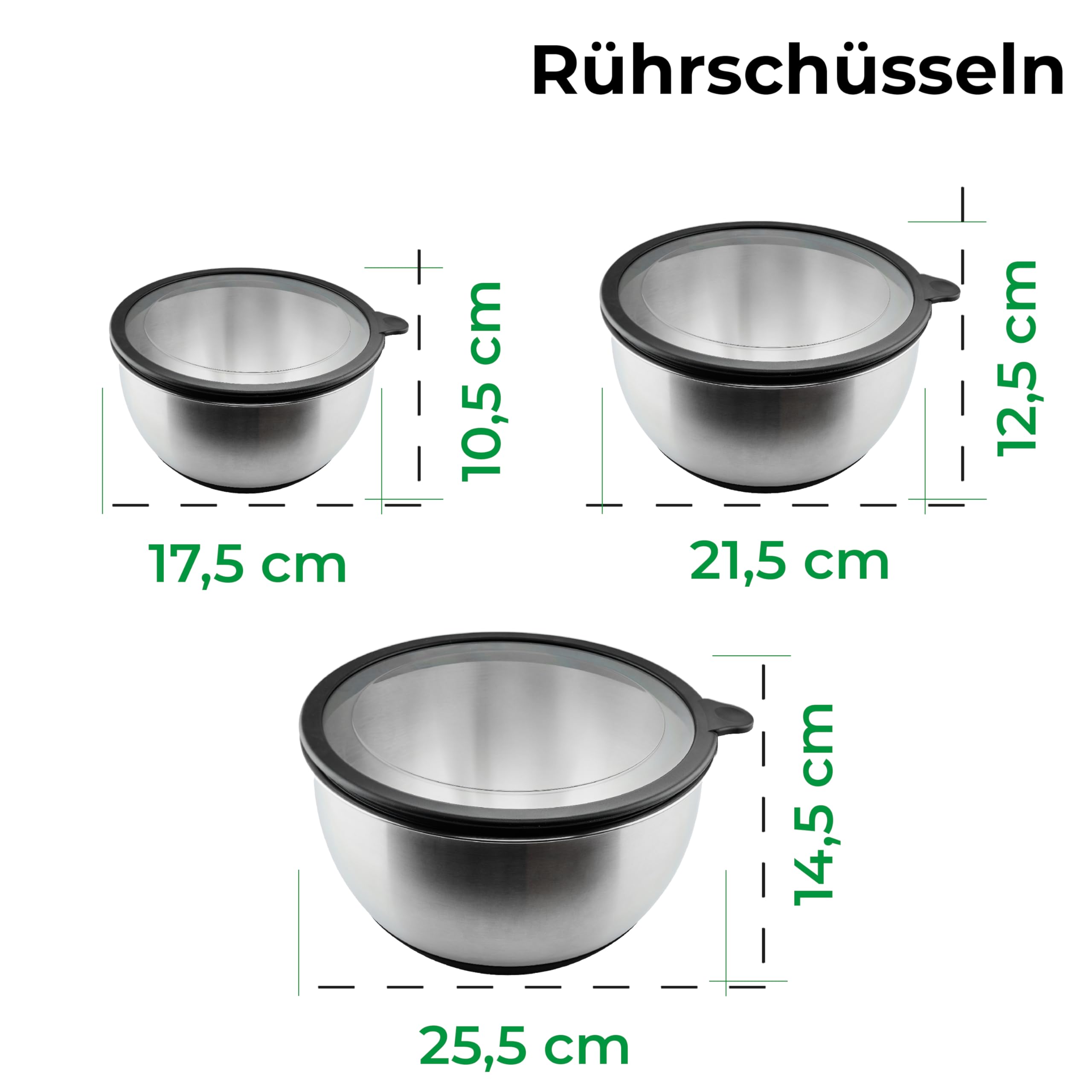 Wundermix - 3 Edelstahl Schüssel mit Deckel 1,5l, 3l, 5l (3er Set) • Stapelbar & rutschfest • Schüssel Set mit Deckel • Edelstahl Schüsseln • Rührschüssel, Salatschüssel, Backschüssel