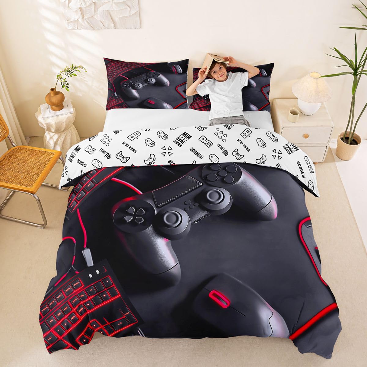 Homemissing Set copripiumino per bambini e bambine, motivo videogiochi, traspirante, morbido, decorazione per la stanza dei giochi, 3 pezzi, rosso
