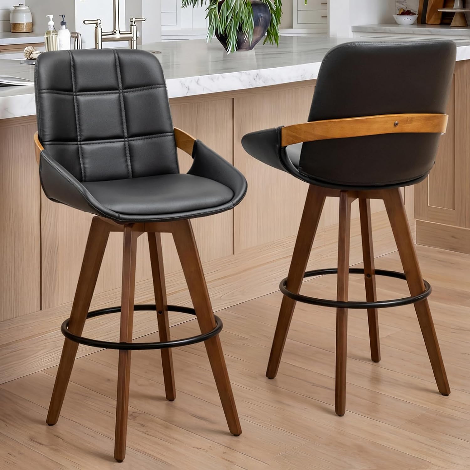 Mid Century Modern Swivel Counter Stools Set of 2, 26” Counter Height, Upholstered Faux Leather Seat with Curved Bentwood Back & Arms, Solid Bamboo Legs in Walnut Finish, Kitchen Island Stools, Beige