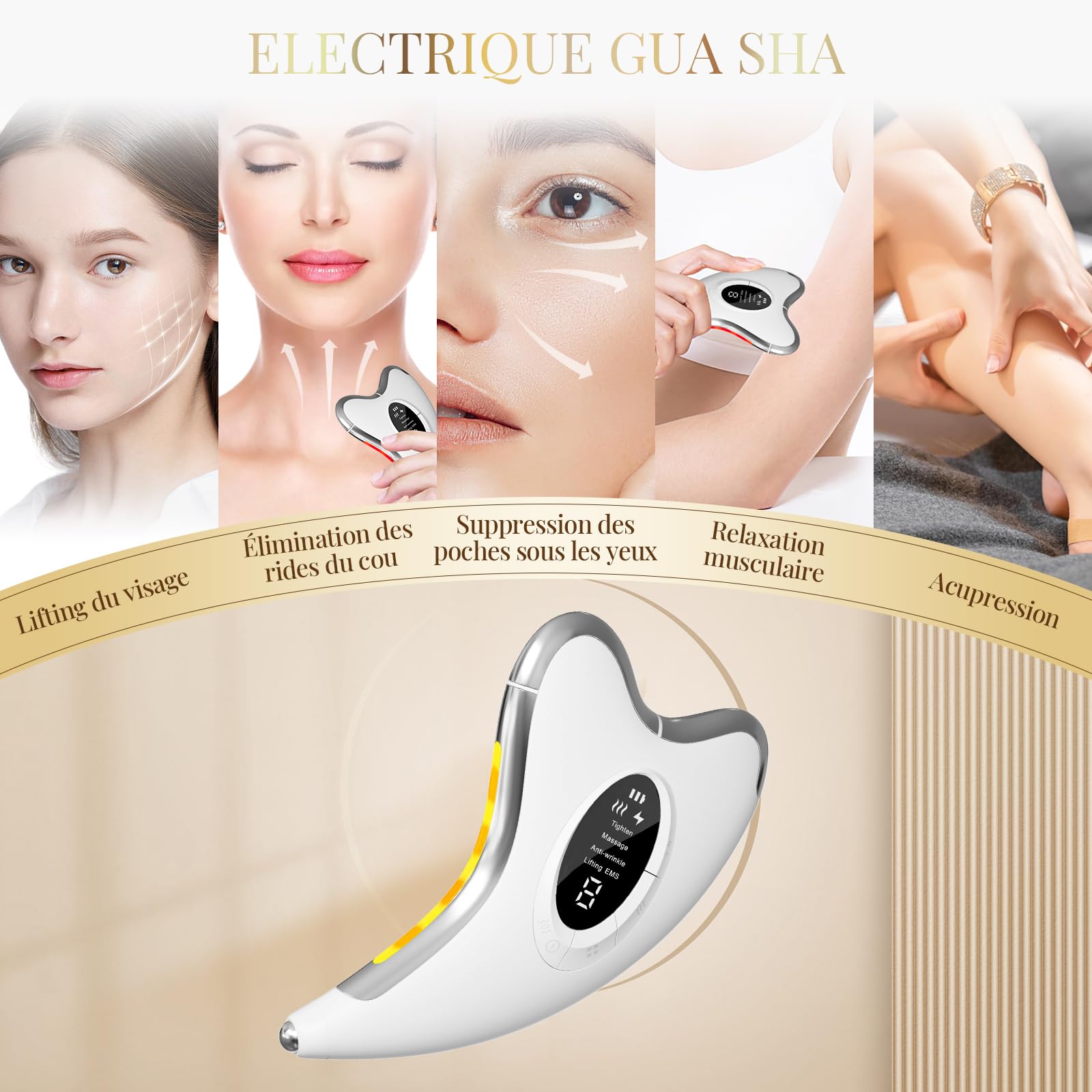 Profey Gua Sha EMS - Appareil de Massage Visage avec Chaleur 45℃, Vibration, Lifting EMS 9 Niveaux, 4 Modes, LED Bleu/Jaune/Rouge - Anti-Vieillissement et Anti-Rides