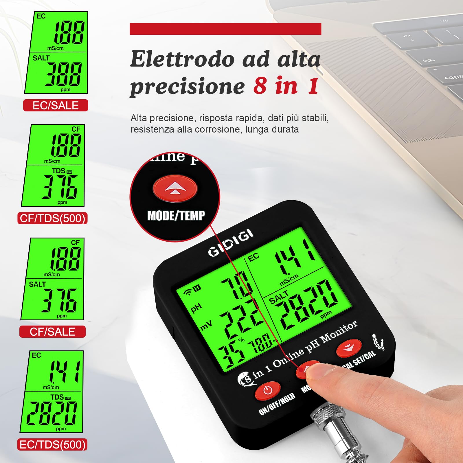 Misuratore di pH/EC/TDS/sale intelligente WiFi 8 in 1 con ORP, umidità e temp, monitor dei nutrienti per l'idroponica e tester salinità per acquario, vasca per pesci, soluzioni di calibrazione incluse