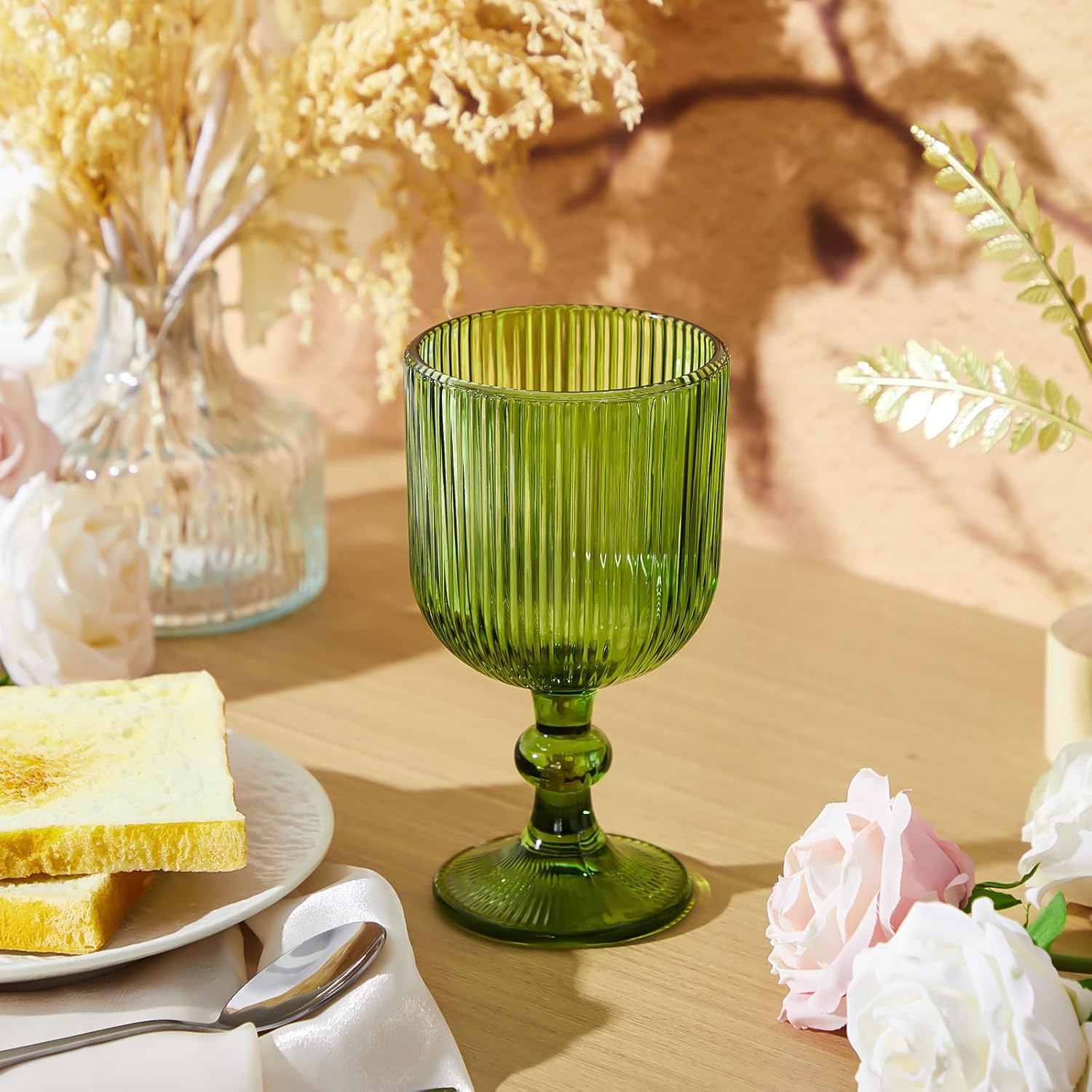 Green Glass Goblets Set of 8, 13 oz Vintage Goblet Glassware Decorative Wine Glasses, Cute Water Drinking Cups, Vertical Line Embossed Pattern Drinkware Cocktail Set for Xmas Gifts
