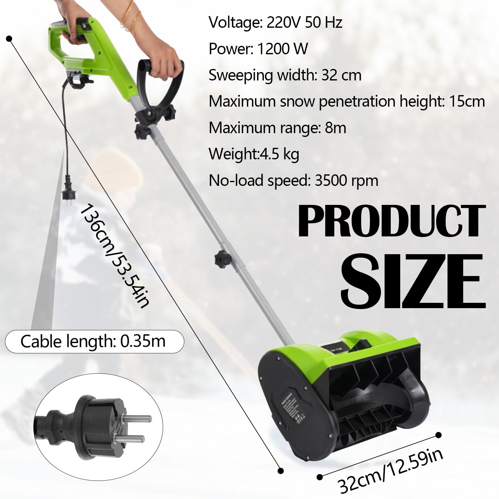 Sopladores Nieve, 1200W Barredora Nieve Soplador Eléctrico Barredora 220V Exteriores Dirección Lanzamiento Nieve Ajustable Mango 180 ° 3500 Rpm Distancia Máxima Lanzamiento 8M 32cm Ancho Barrido Nieve