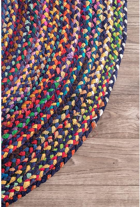 Tapis rond en coton tissé à la main, durable et respectueux des animaux domestiques pour salon, salle à manger et chambre à coucher 1,2 m Bleu