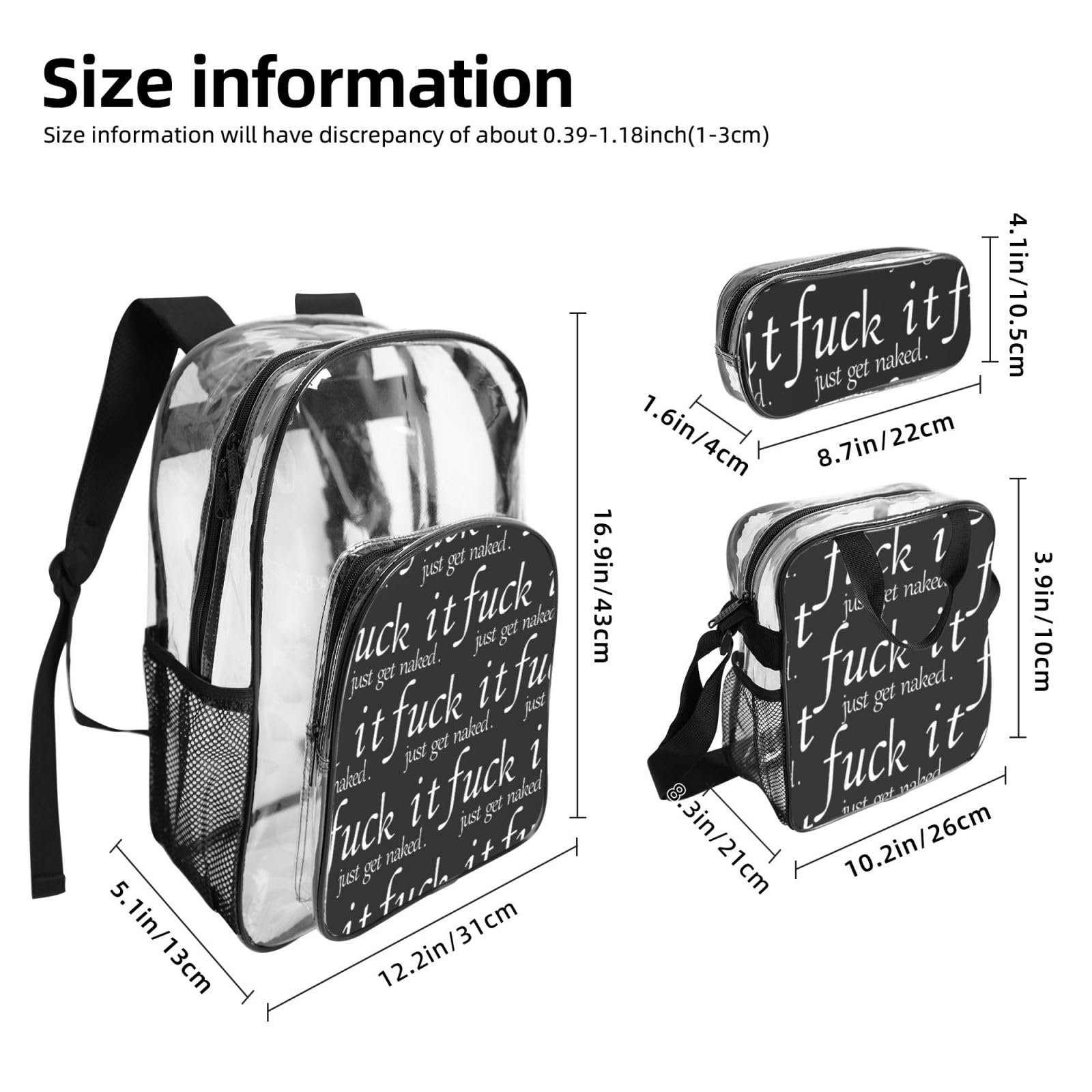 Set di zaini stampati in bianco e nero 3 in 1 set di borse trasparenti per eventi scolastici, lavoro, stadio e trasporto quotidiano