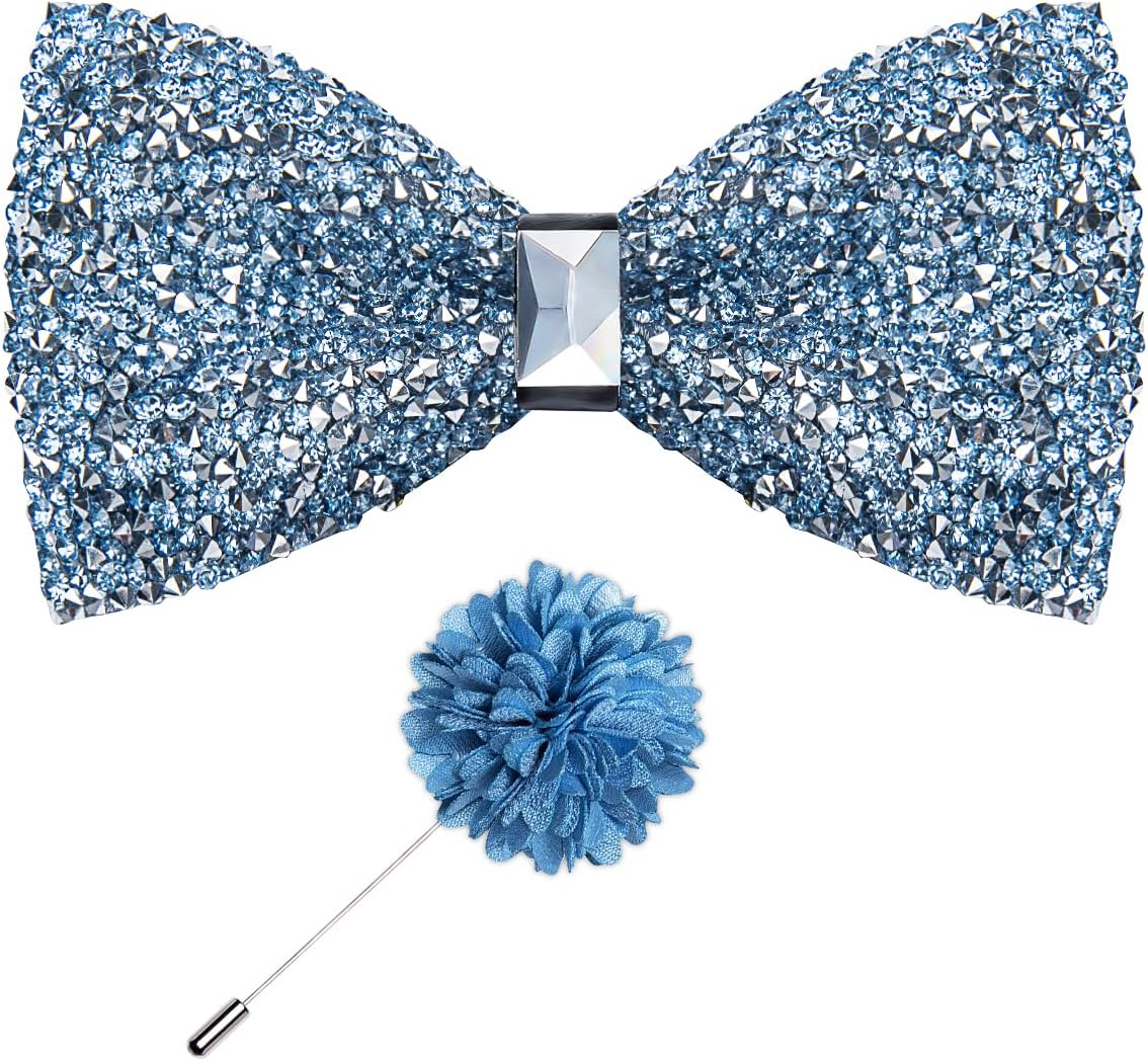 DiBanGu Rhinestone Bow Ties for Men Adjustable Sequin Diamond Pre-tied Bowtie with Ring and Lapel Pin Set for Wedding Party