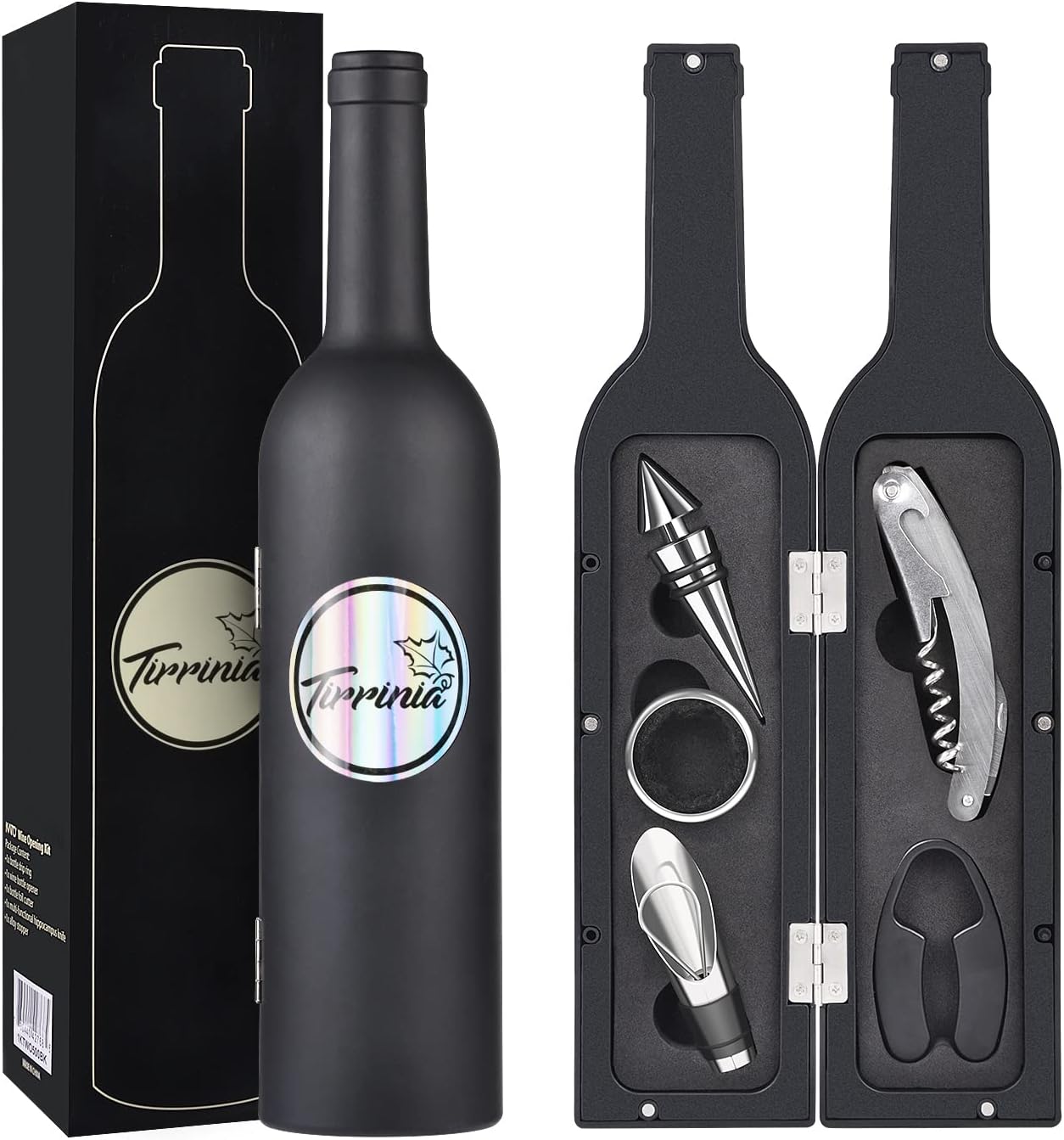 Wine Accessories Gift Set - Bottle Corkscrew Opener Kit, Drip Ring, Foil Cutter, Wine Pourer and Stopper in Novelty Bottle-Shaped Case - Valentine's Gift, Black