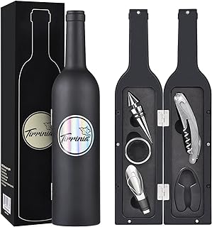 Kato Wine Accessories Gift Set - Bottle Corkscrew Opener Kit, Drip Ring, Foil Cutter, Wine Pourer and Stopper in Novelty Bottle-Shaped Case - Valentine's Gift, Black