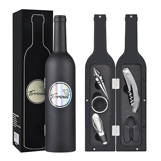 Kato Wine Accessories Gift Set - Bottle Corkscrew Opener Kit, Drip Ring, Foil Cutter, Wine Pourer and Stopper in Novelty Bottle-Shaped Case - Valentine's Gift, Black