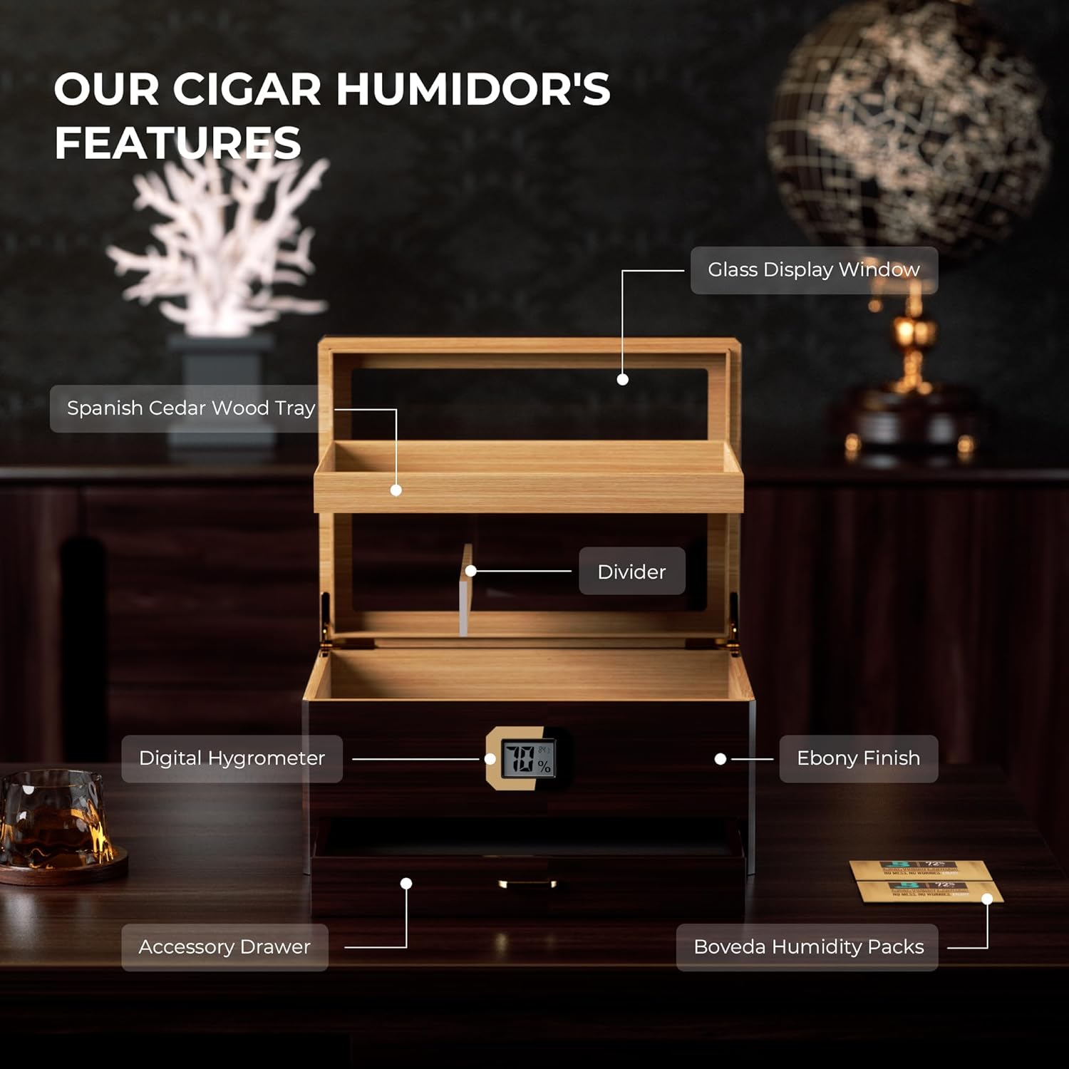 Woodronic Cigar Humidor, Glass Top Humidor Cigar Box, Cedar Wood Cigar Case with Boveda 72% Humidity Packs, Accurate Digital Hygrometer, Cigar Accessory Drawer, Gift for Men(50-80 Cigars)